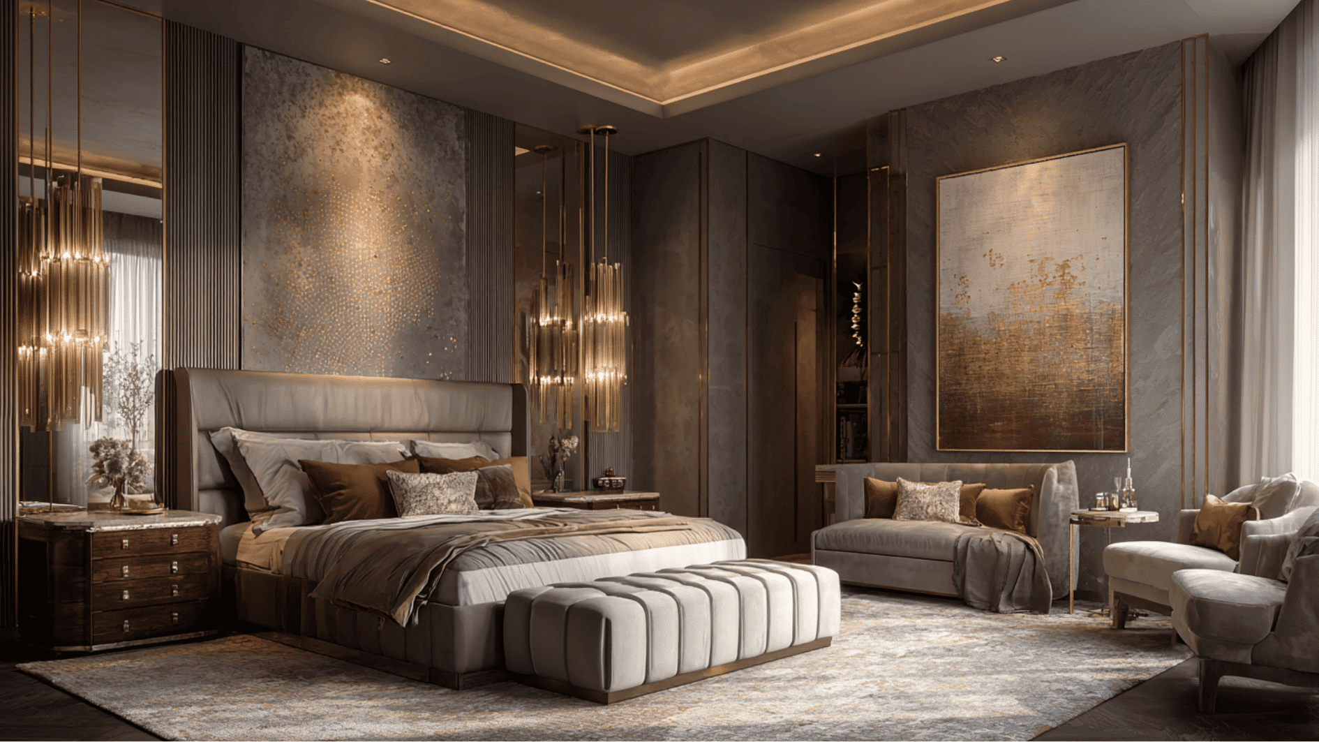 luxury bedroom with gold and brass accents creating an elegant sophisticated look