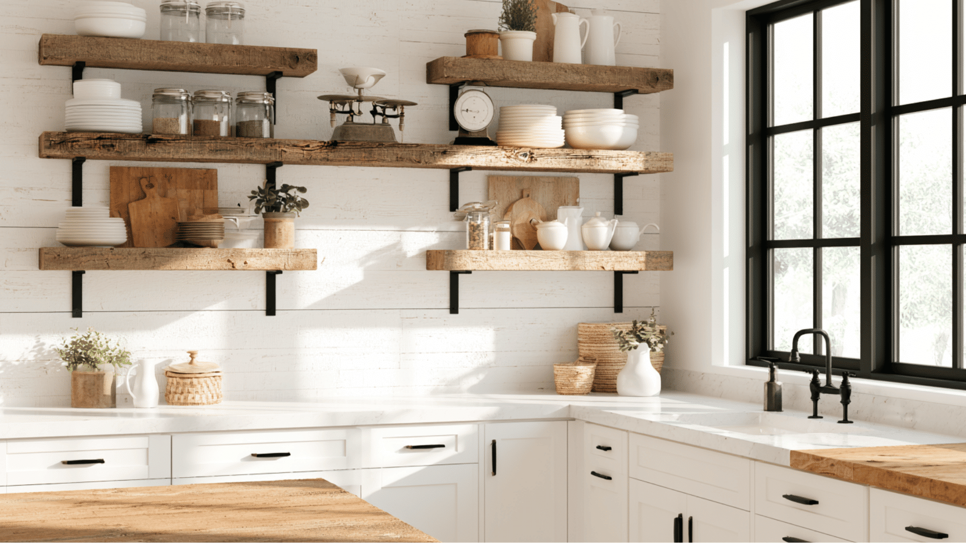 farmhouse kitchen with open wooden shelves, white dishes, glass jars, and rustic decorative accents