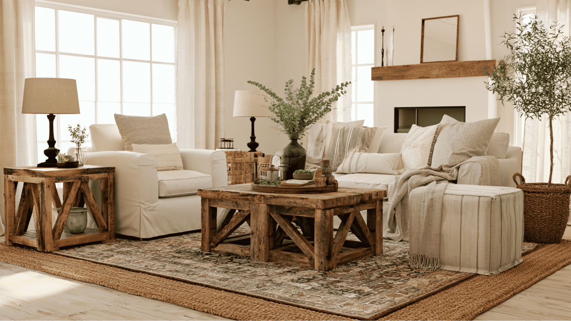 layered farmhouse rugs adding warmth texture and character to a rustic living room interior