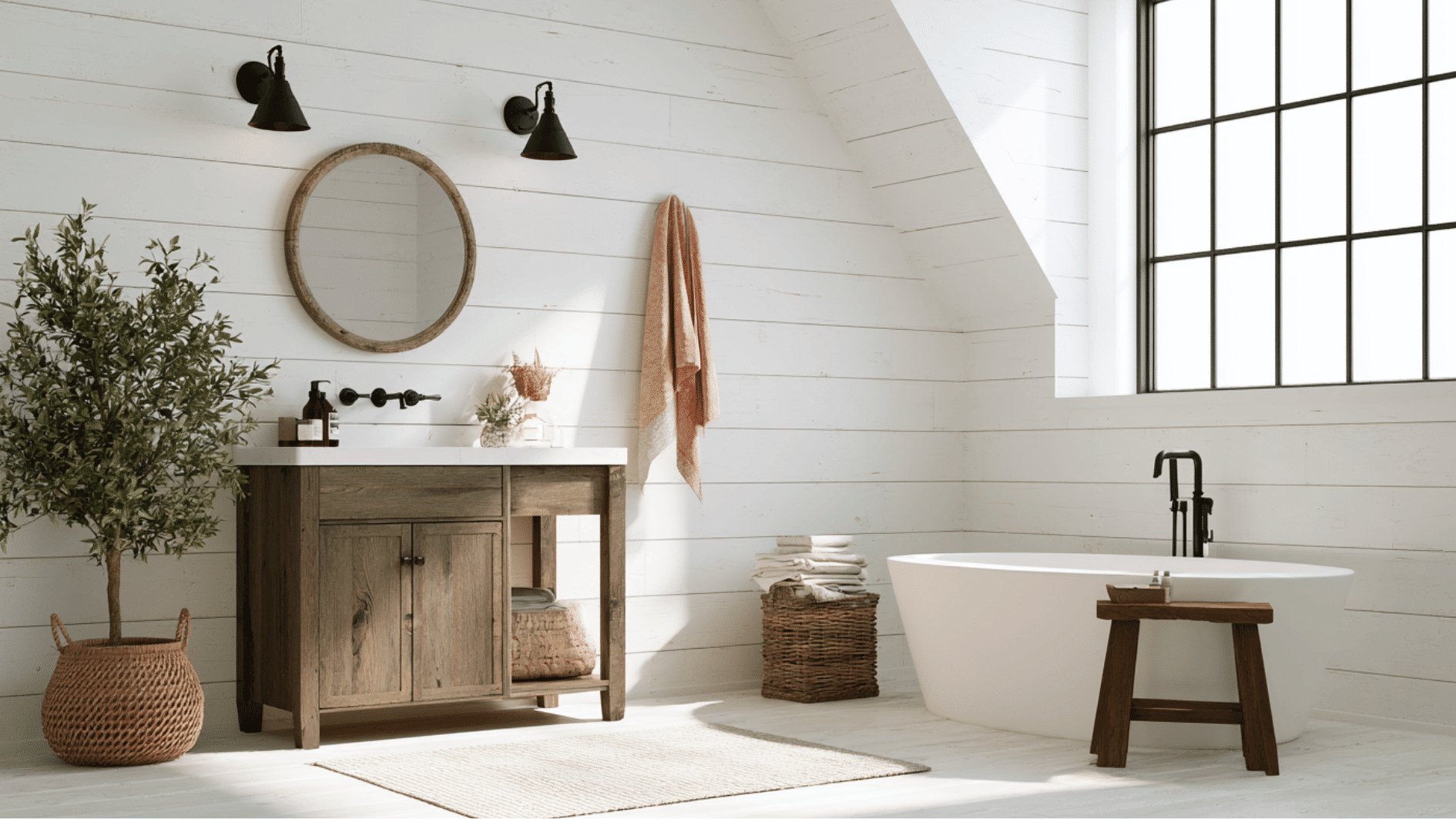farmhouse bathroom with white shiplap walls, classic detailing, and bright inviting interior design