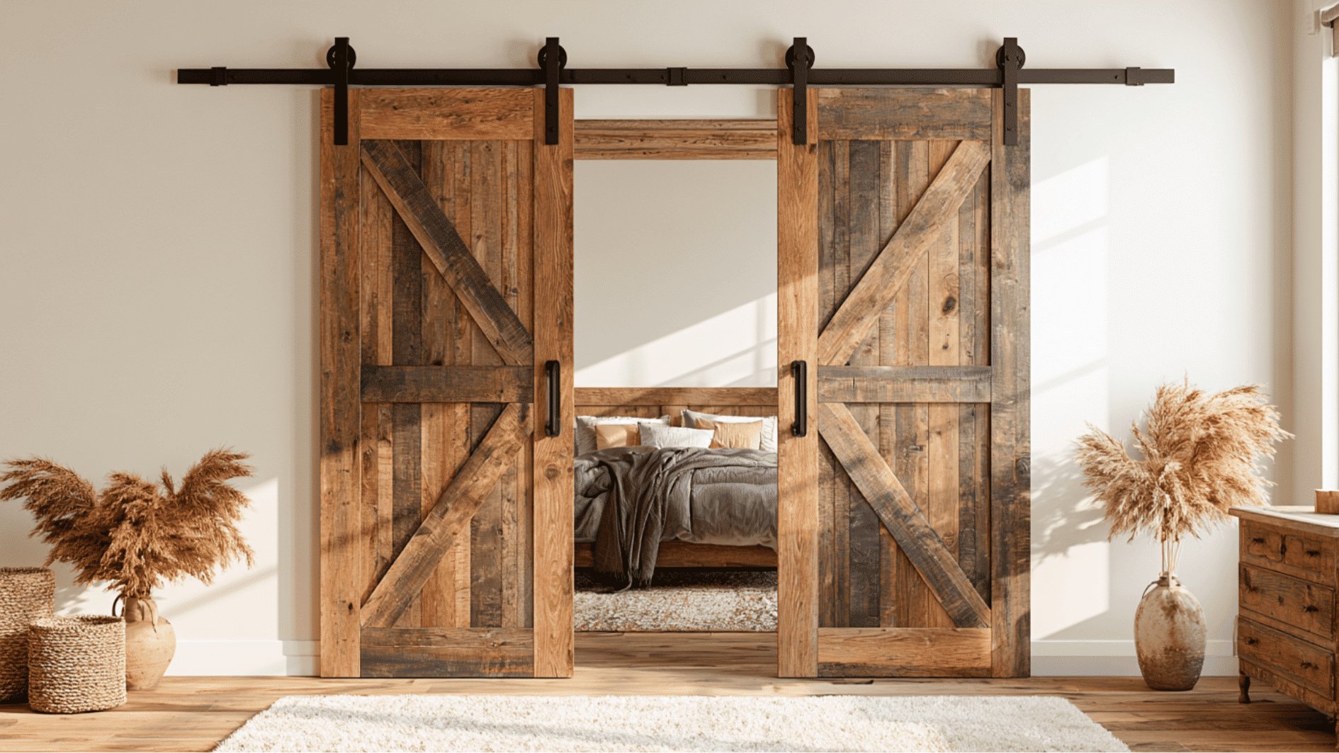 sliding barn door with black hardware enhancing a rustic farmhouse interior design