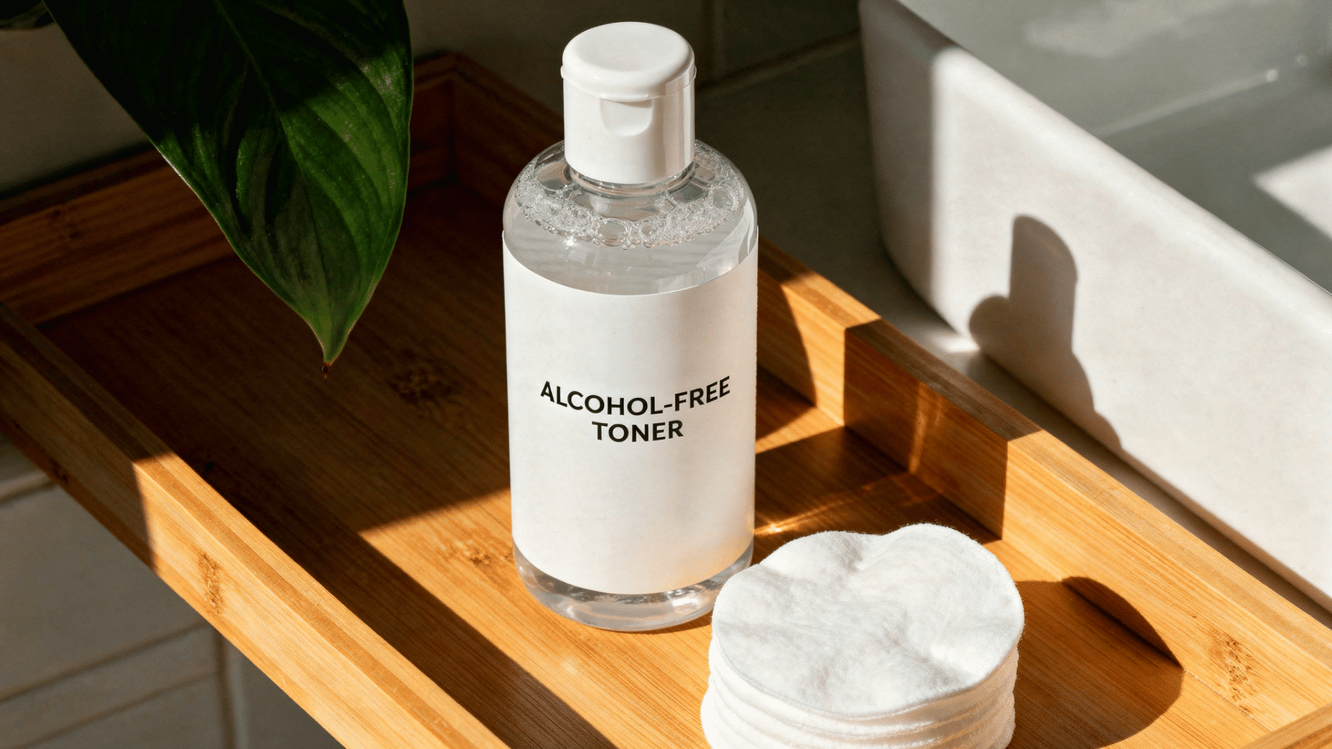 alcohol-free toner bottle with cotton pads on a wooden tray in a clean and minimal skincare setup.