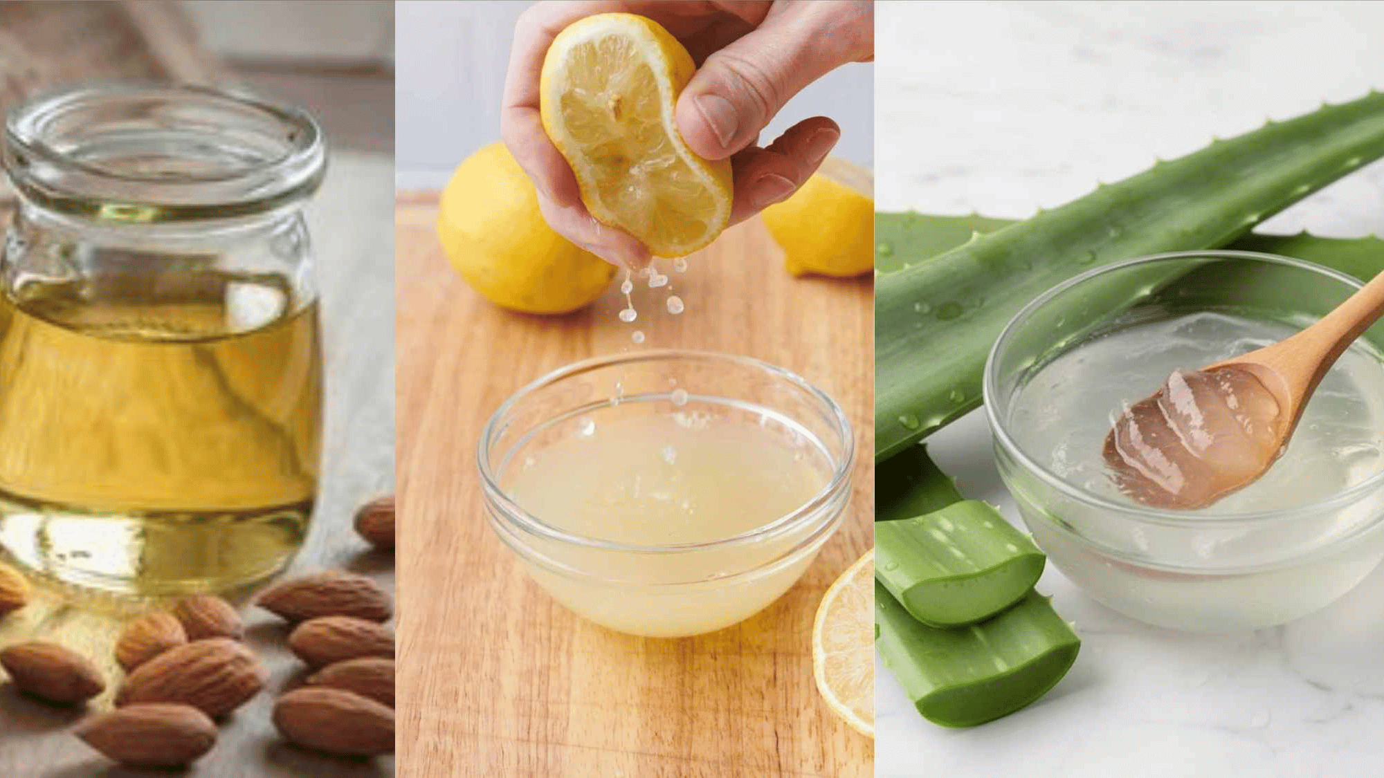 Almond oil, lemon juice, and aloe vera gel for daily glow routine