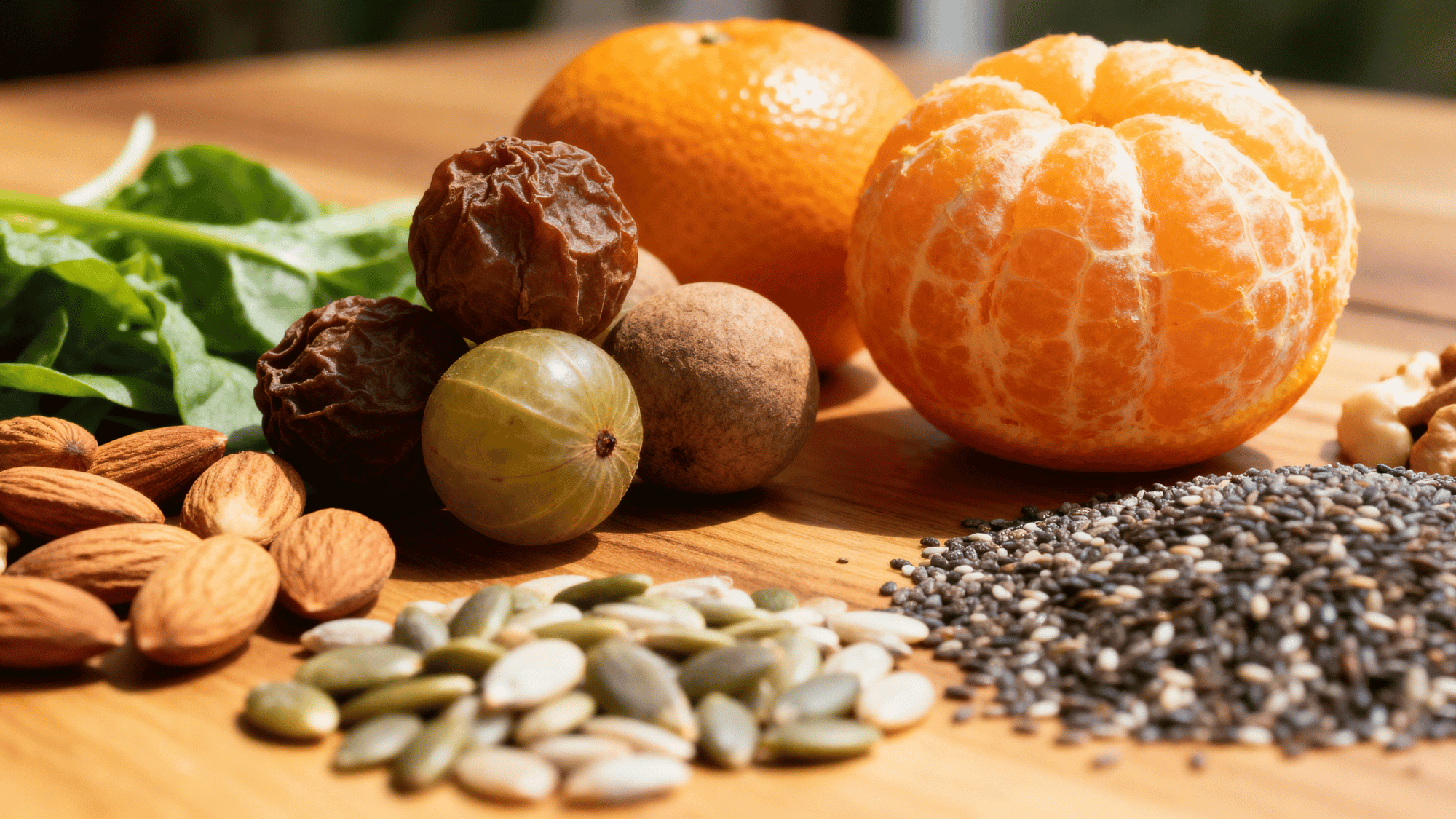 Amla, oranges, nuts, seeds, and greens for vitamin C skin glow plan
