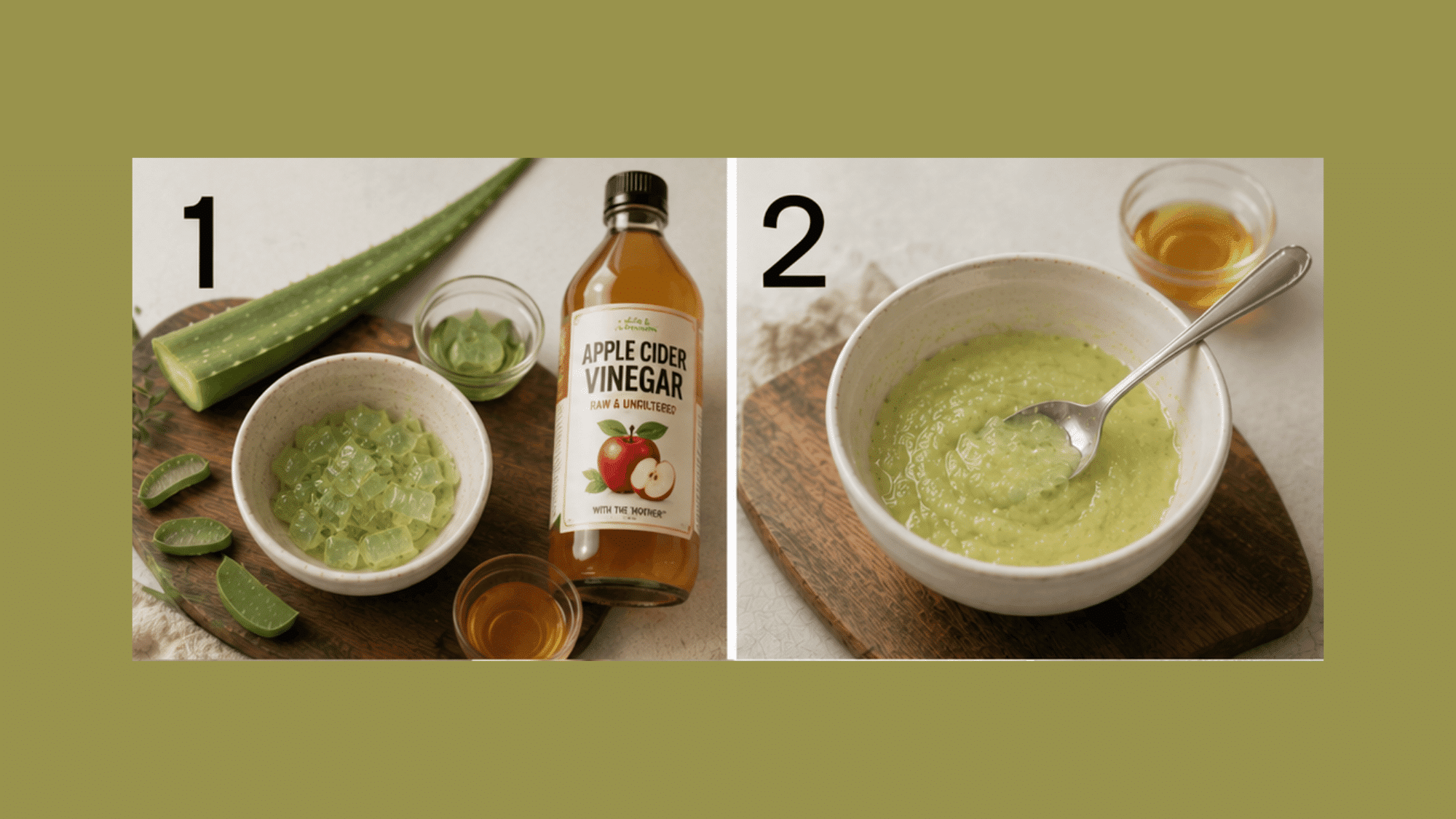 a collage of a homemade hairmask made of aloe vera and apple cider vinegar