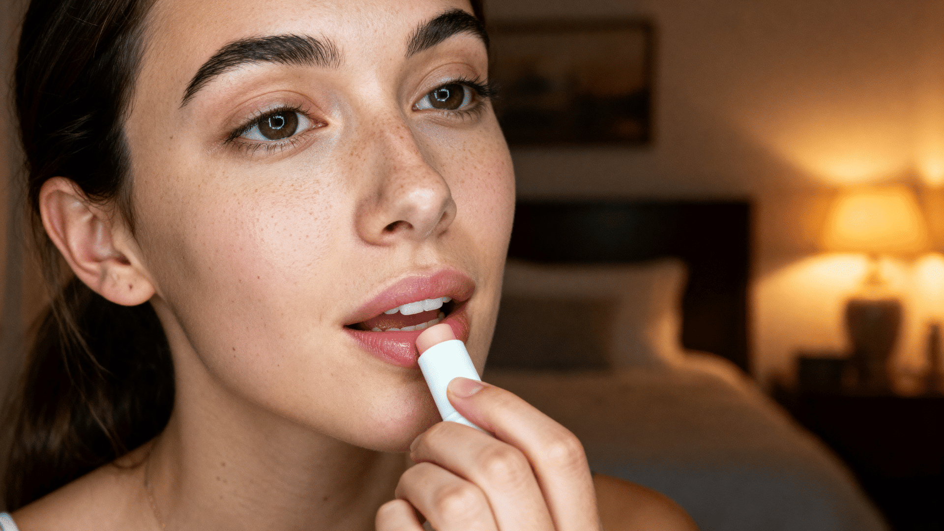 woman applying lip balm before bed to keep her lips soft and hydrated overnight.