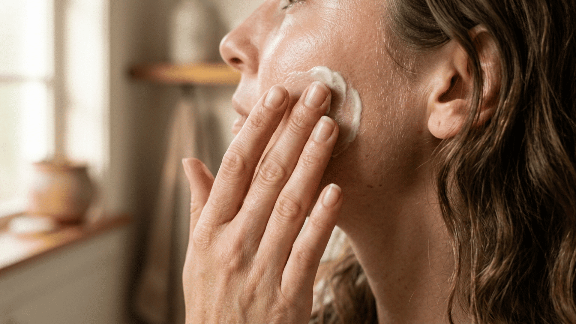A woman applying moisturizer to her cheek with her fingertips in soft natural light