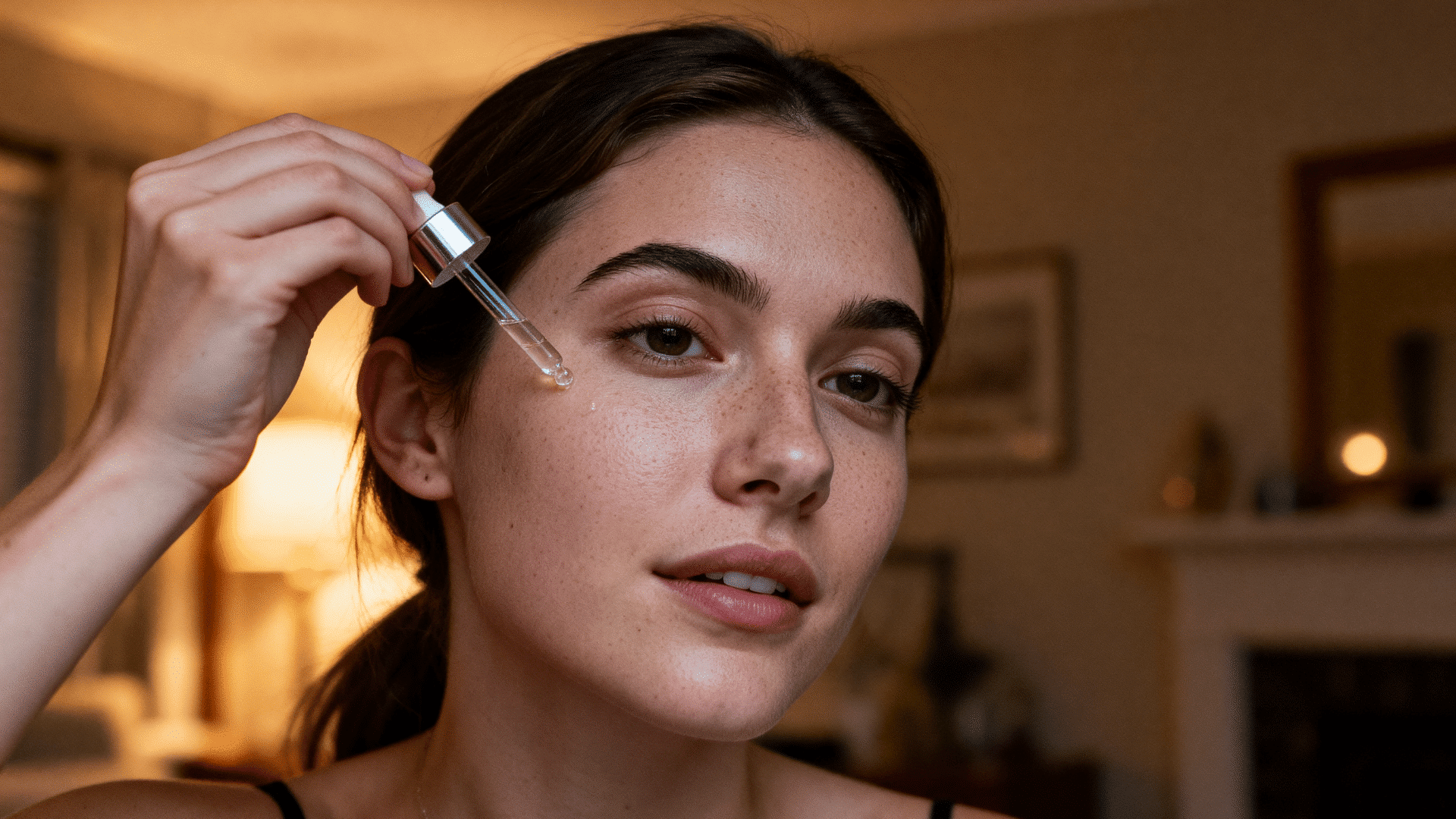 woman applying a facial serum to her skin during a nighttime skincare routine