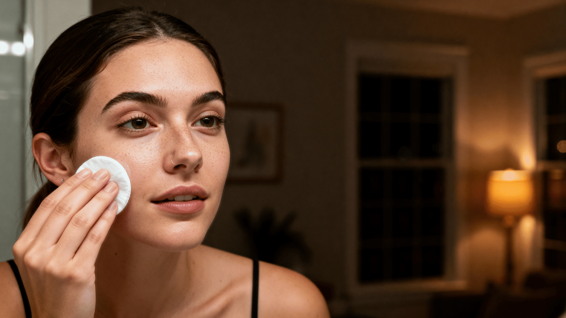 woman applying toner to clean skin as part of her <echighlighted><echighlighted><echighlighted><echighlighted><echighlighted><echighlighted>nighttime skincare routine</echighlighted></echighlighted></echighlighted></echighlighted></echighlighted></echighlighted>.