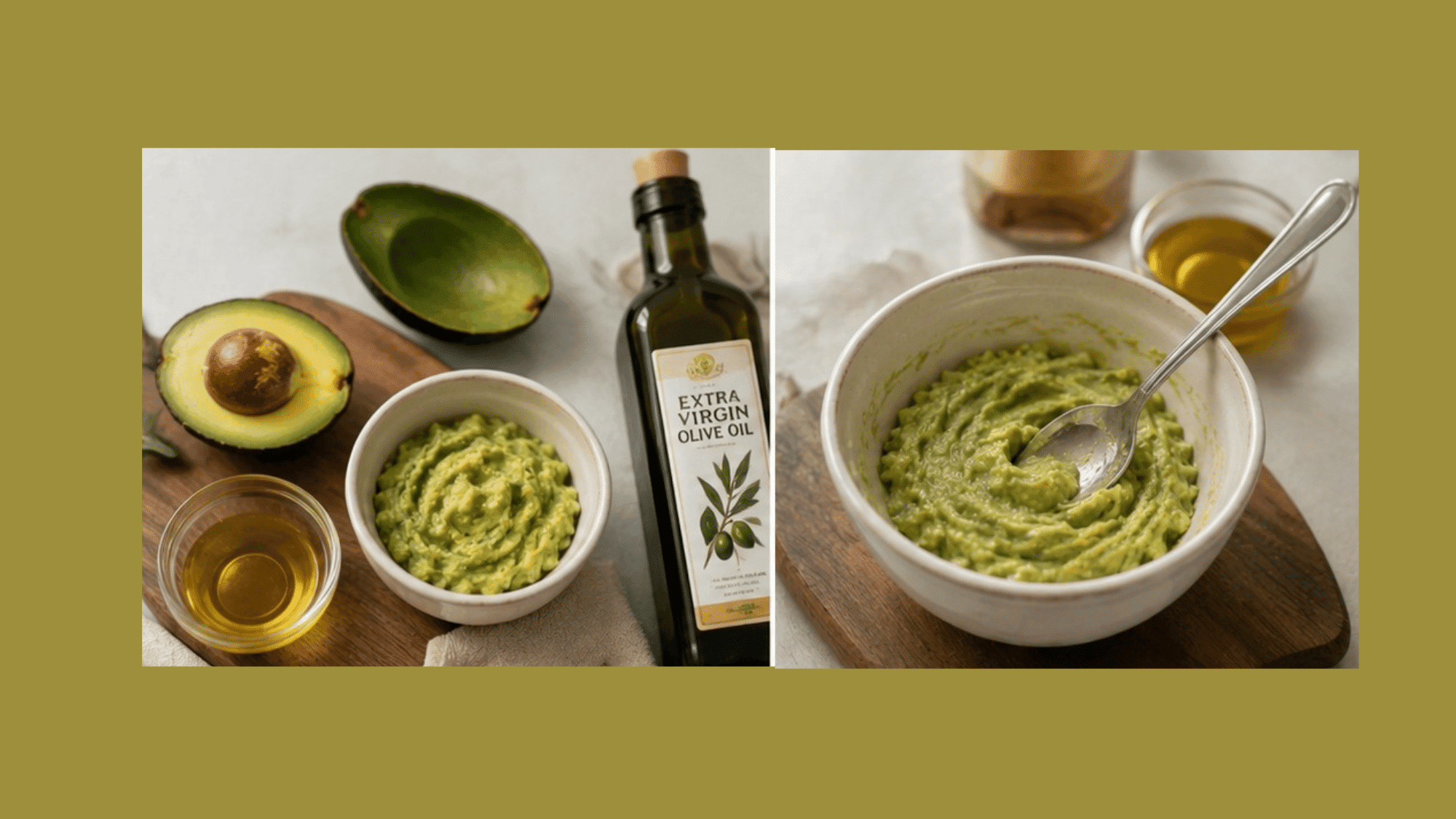 a collage of a homemade hairmask made of avocado and olive oil