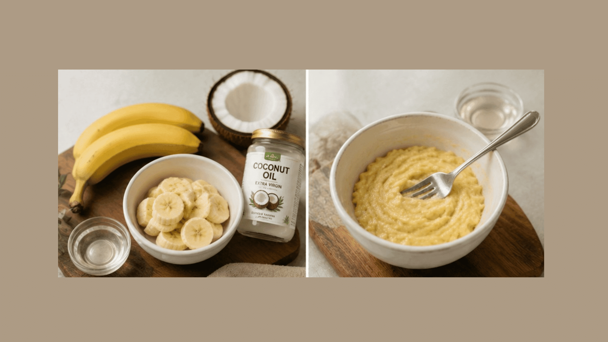a collage of a homemade hairmask made of coconut oil and banana
