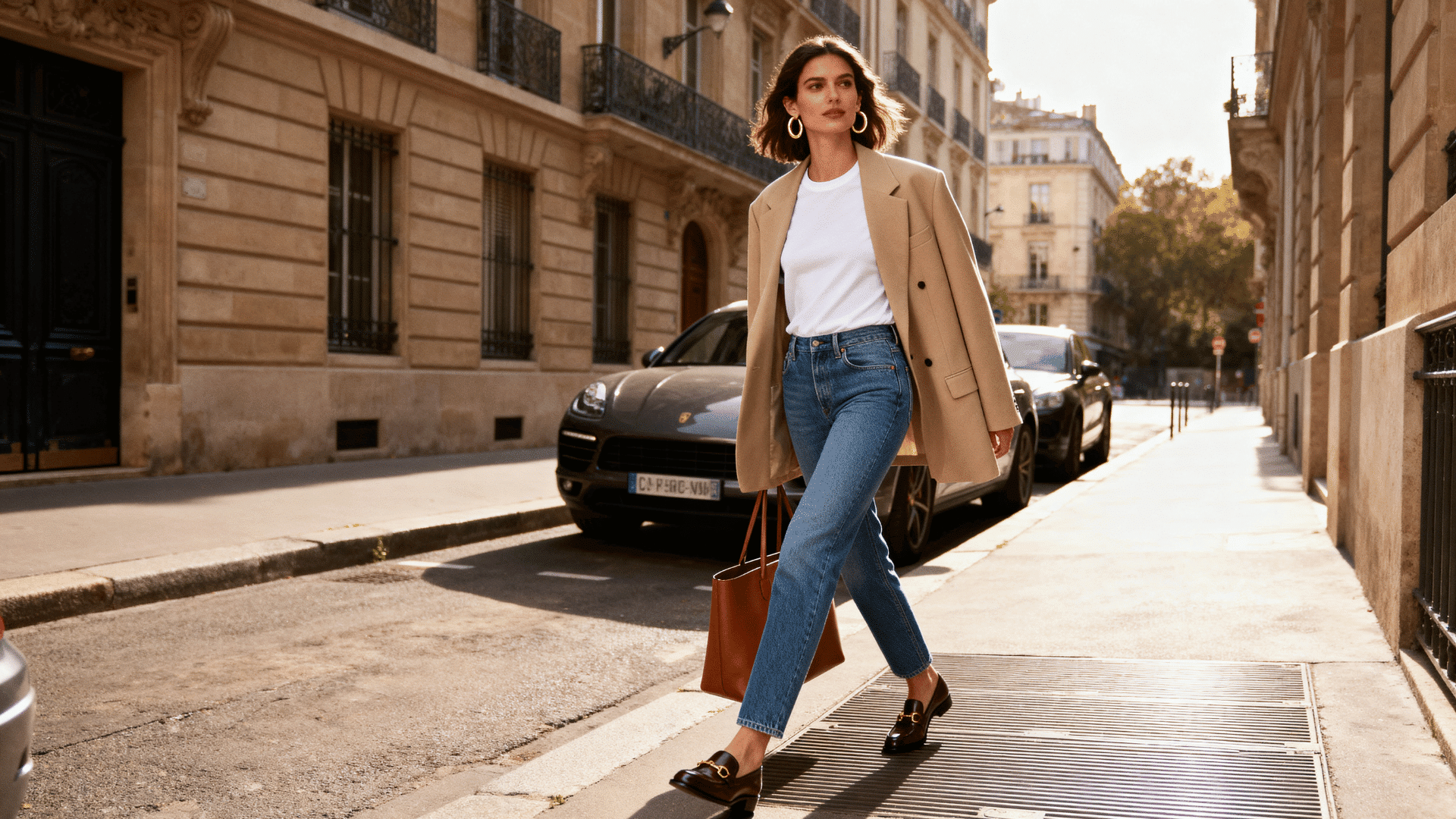 woman wearing a beige oversized blazer, white fitted T-shirt, blue straight-leg jeans, and loafers while walking through a city street with a leather tote bag.