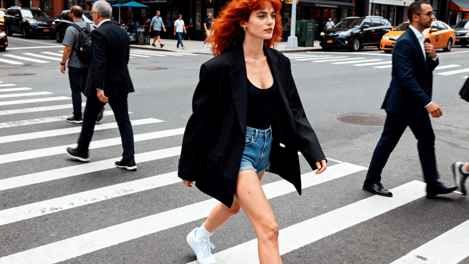 woman wearing an oversized black blazer, bodysuit, denim shorts, and white sneakers crossing a busy urban intersection.