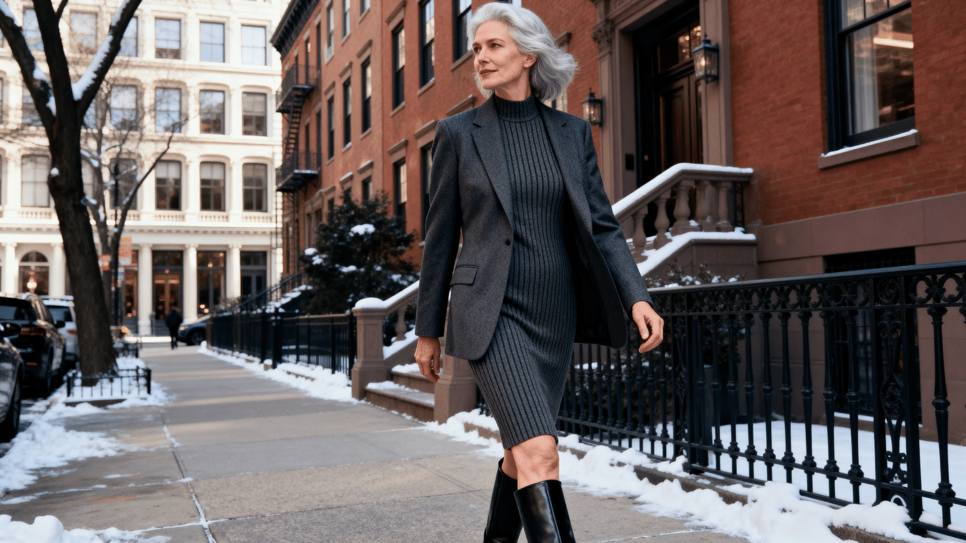 woman in a charcoal blazer layered over a ribbed knit dress and knee-high boots walking through a winter city street.
