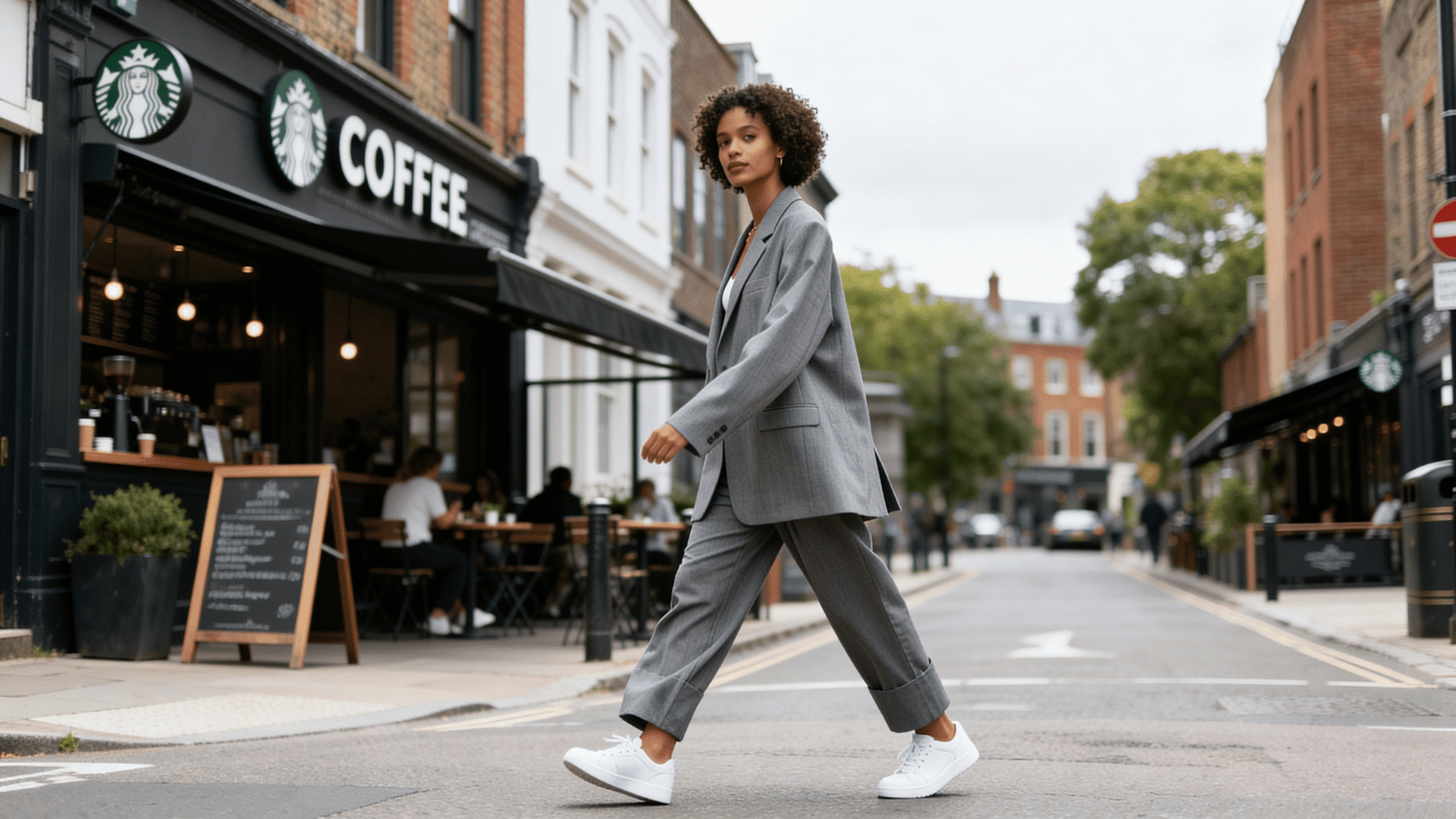 woman in a gray oversized blazer, relaxed trousers, and white sneakers walking through a creative city neighborhood.