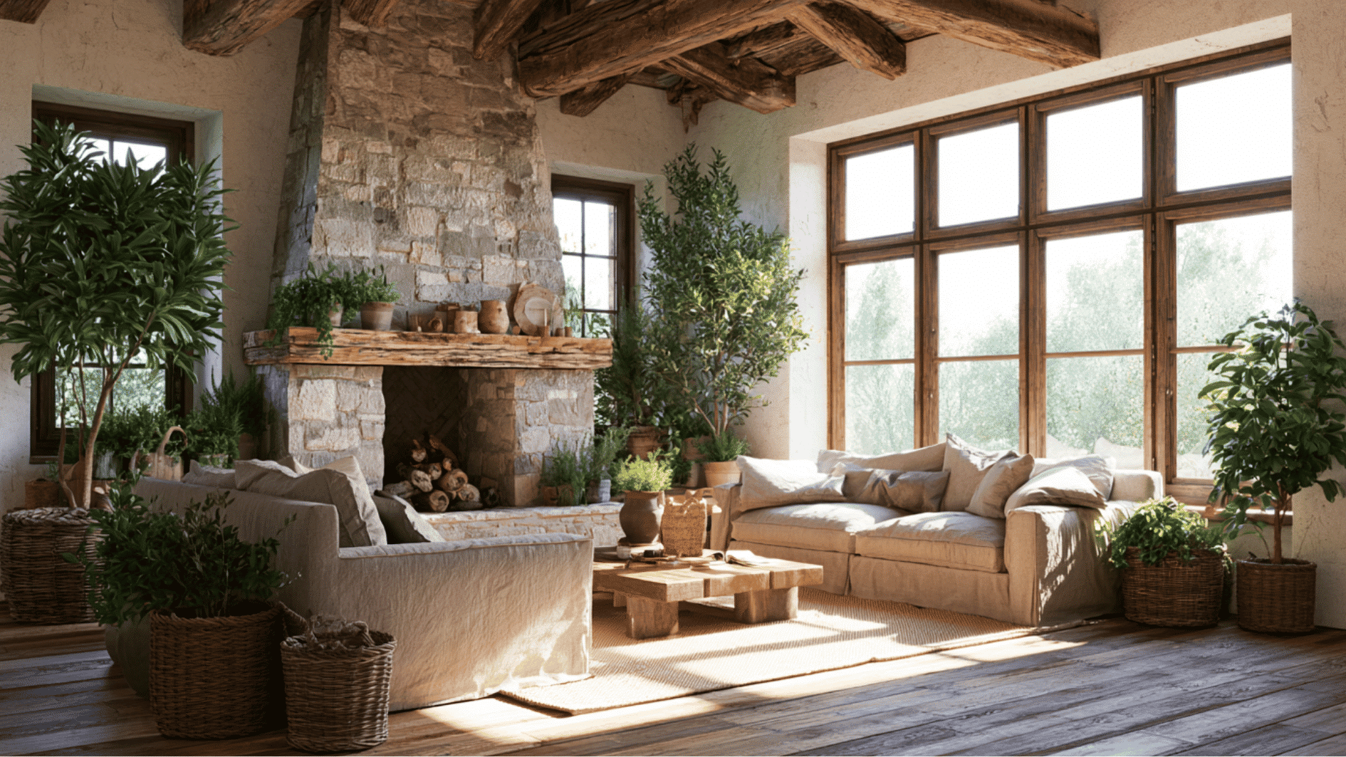 fresh greenery and dried flowers bringing natural beauty into a rustic farmhouse interior