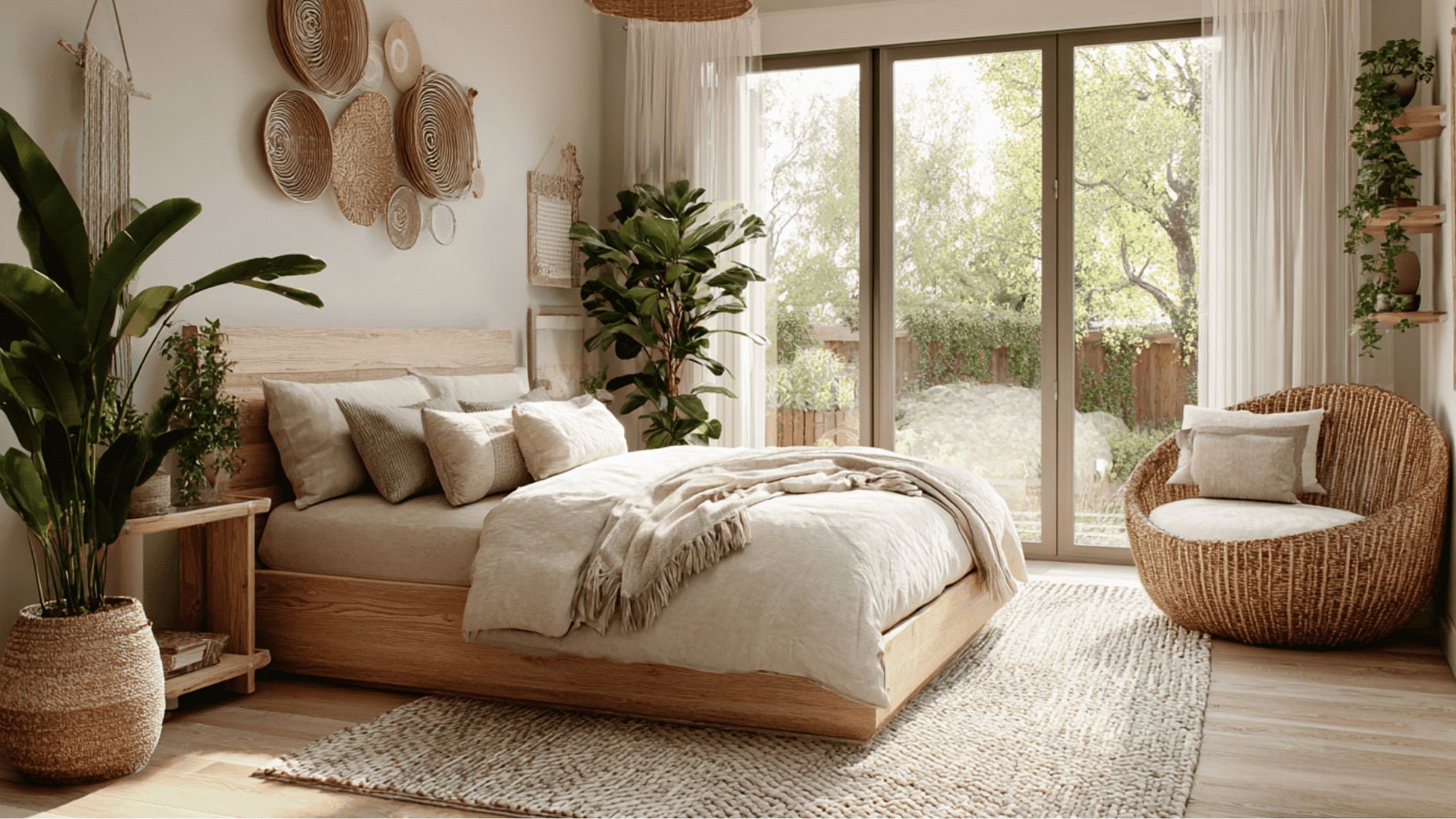 luxury bedroom with indoor plants, natural textures, and bright biophilic-inspired decor and furnishings