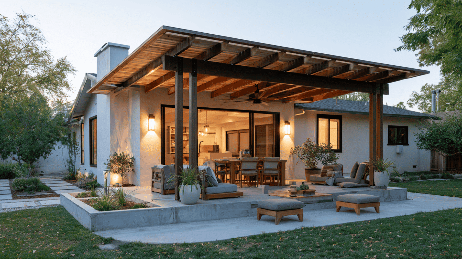 covered outdoor living area with seating and dining space for relaxing and entertaining guests