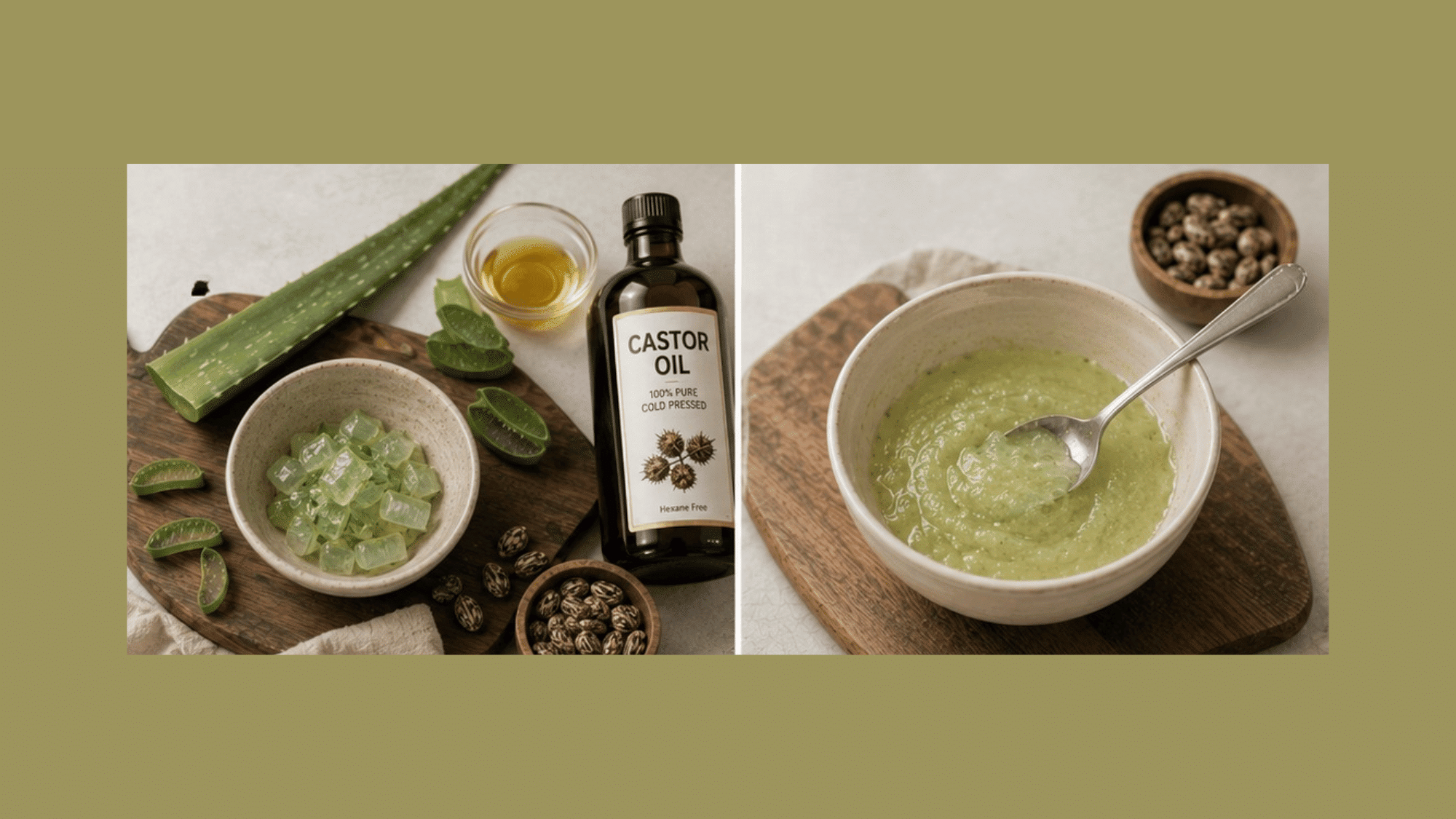 a collage of a homemade hairmask made of castor oil and aloe vera