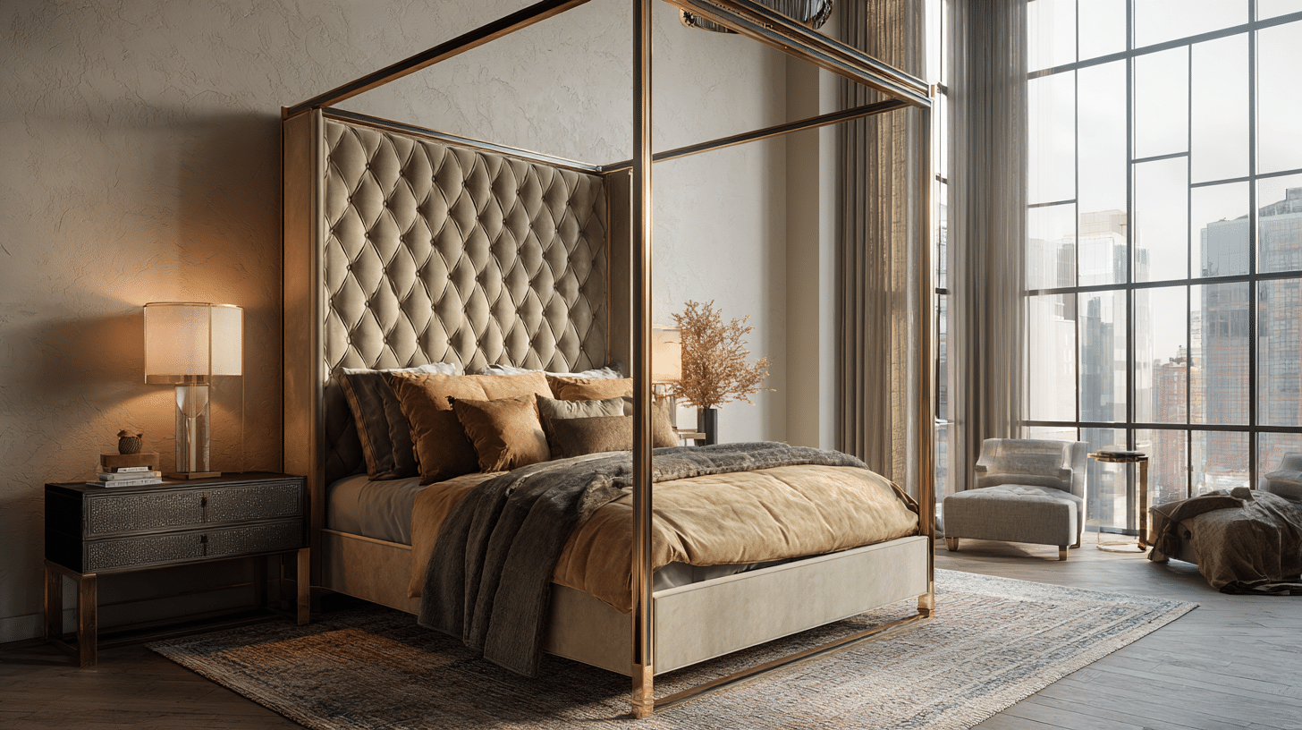 luxury bedroom with upholstered statement bed frame and elegant hotel-style decor