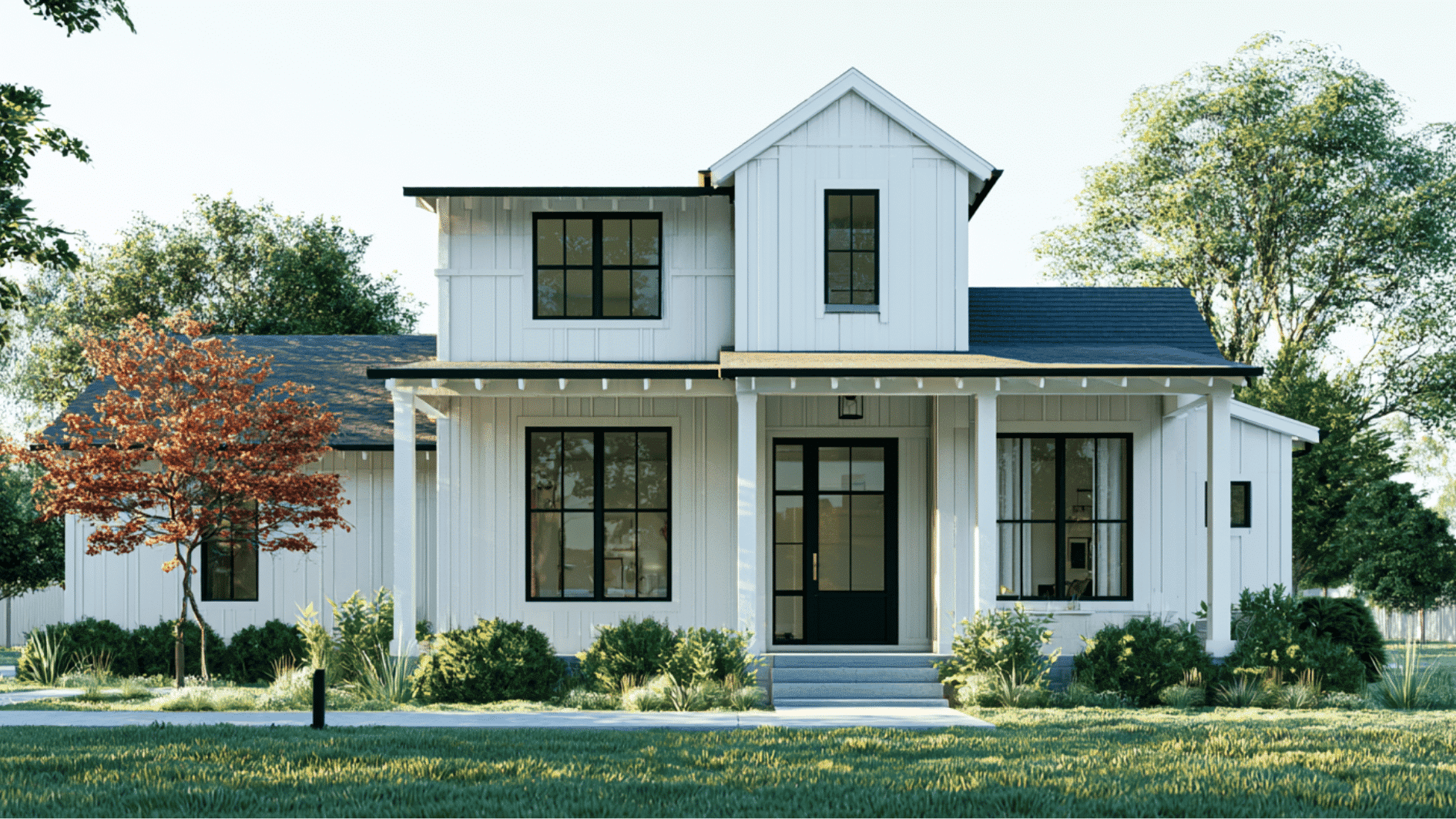 farmhouse exterior with white siding, black trim, and timeless modern farmhouse curb appeal