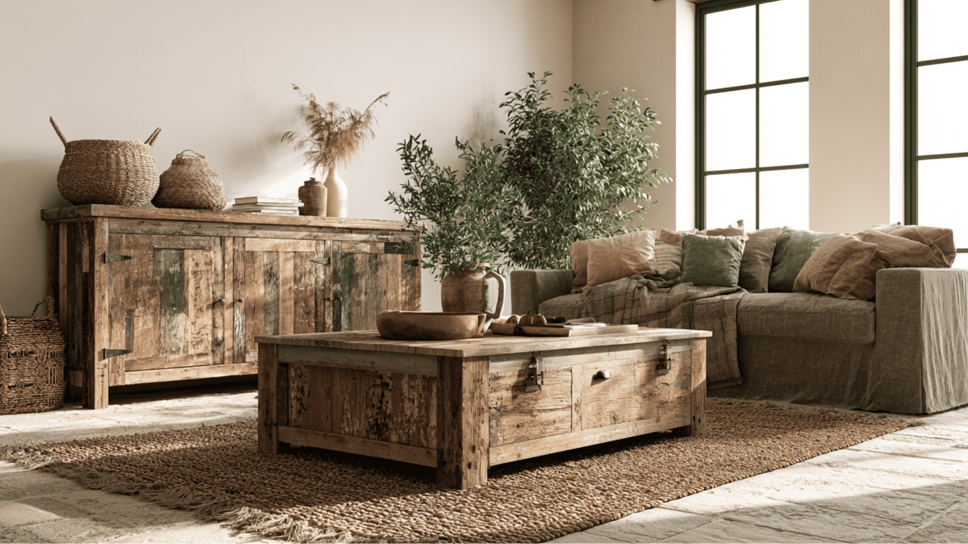 distressed wood furniture adding authentic rustic farmhouse character to a welcoming living room