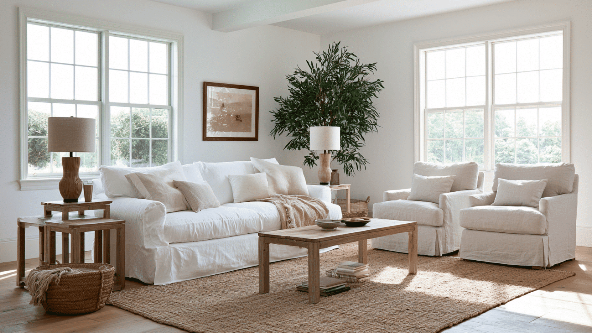 farmhouse living room with white slipcovered sofa, neutral furnishings, and cozy seating arrangement
