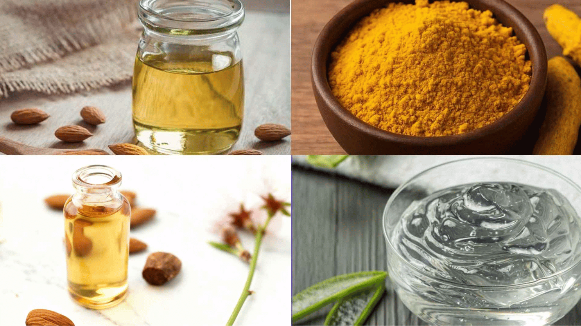 Almond oil, turmeric powder, and aloe vera gel ingredients flatlay for skin glow routine