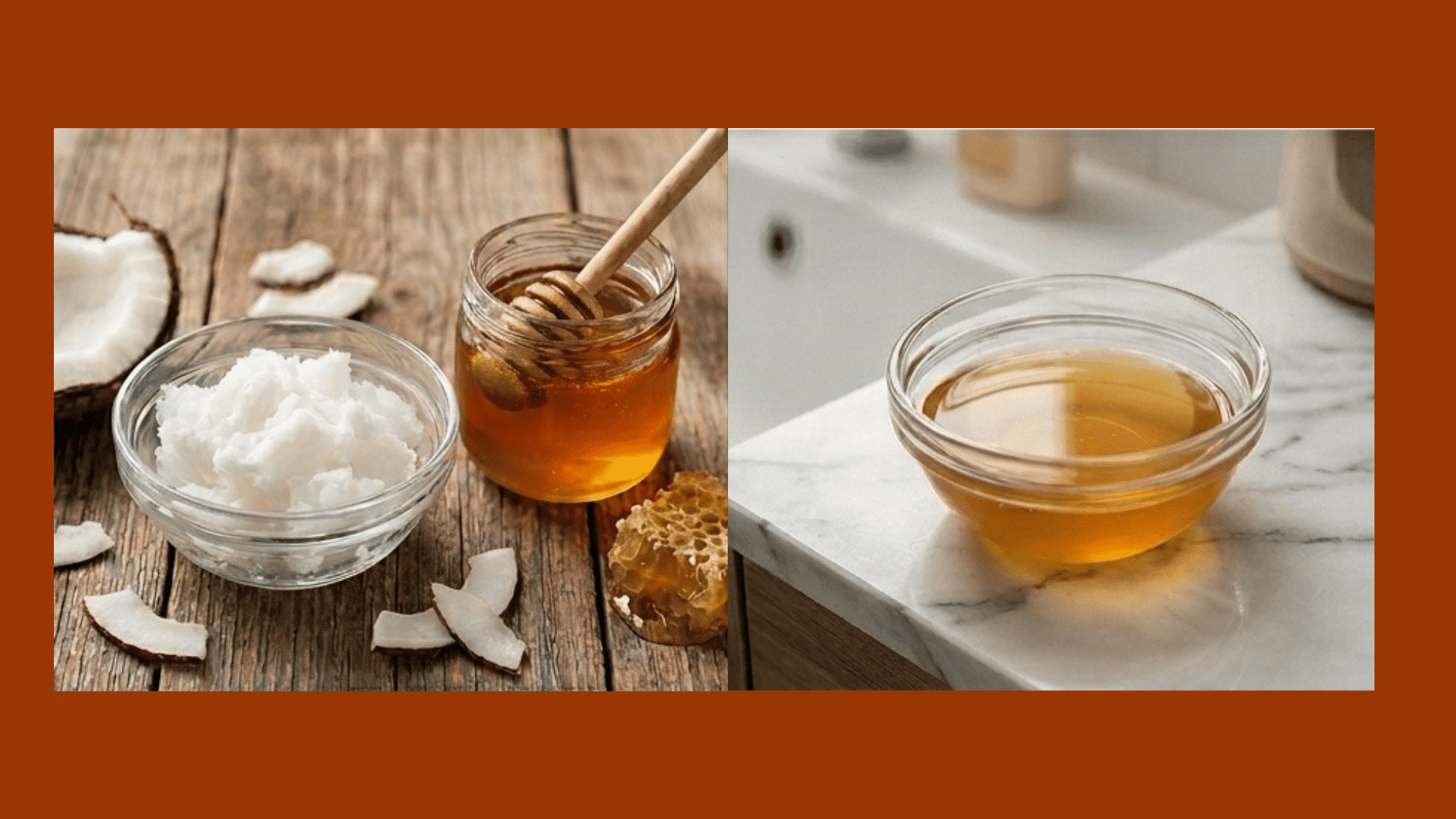 a collage of a homemade hairmask made of coconut oil and honey