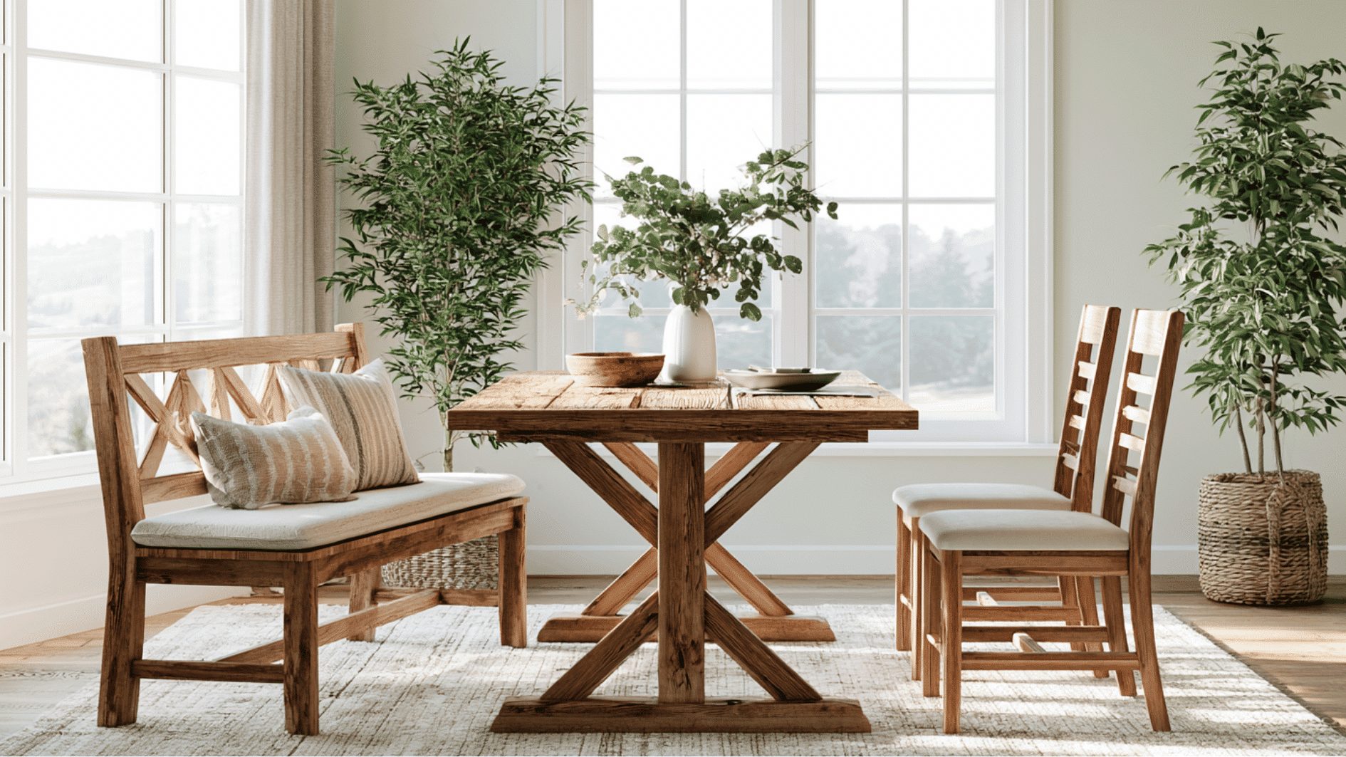 farmhouse dining room with mixed bench and chair seating for a relaxed and welcoming atmosphere