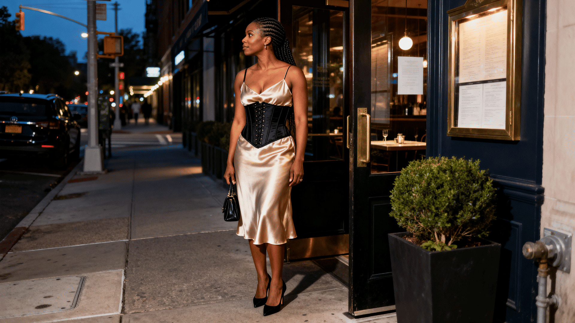 woman layering a fitted corset over a satin slip dress outside an upscale restaurant during golden hour