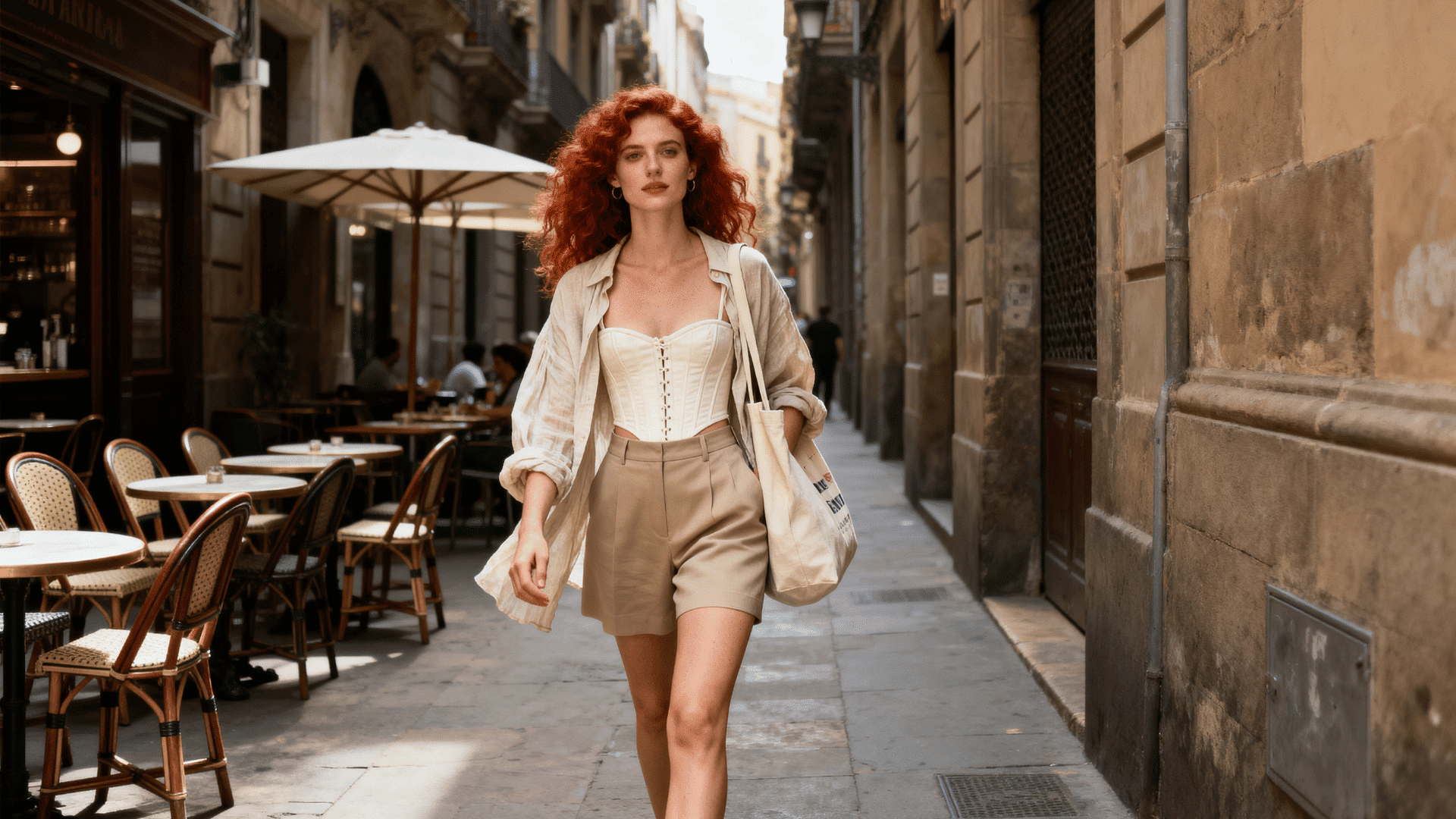 woman wearing a corset top with tailored shorts and an open linen shirt while walking along a sunny street lined with cafés and shops