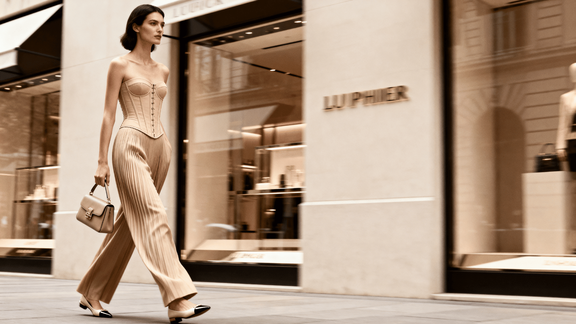 woman wearing a beige corset top with matching wide-leg trousers and a structured handbag on a luxury shopping street
