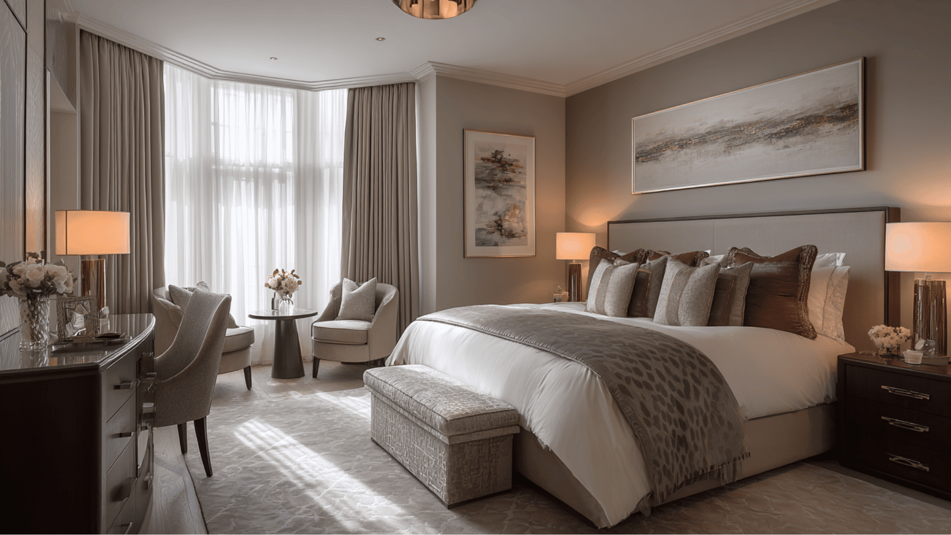 boutique hotel-inspired luxury bedroom with elegant decor and ambient lighting