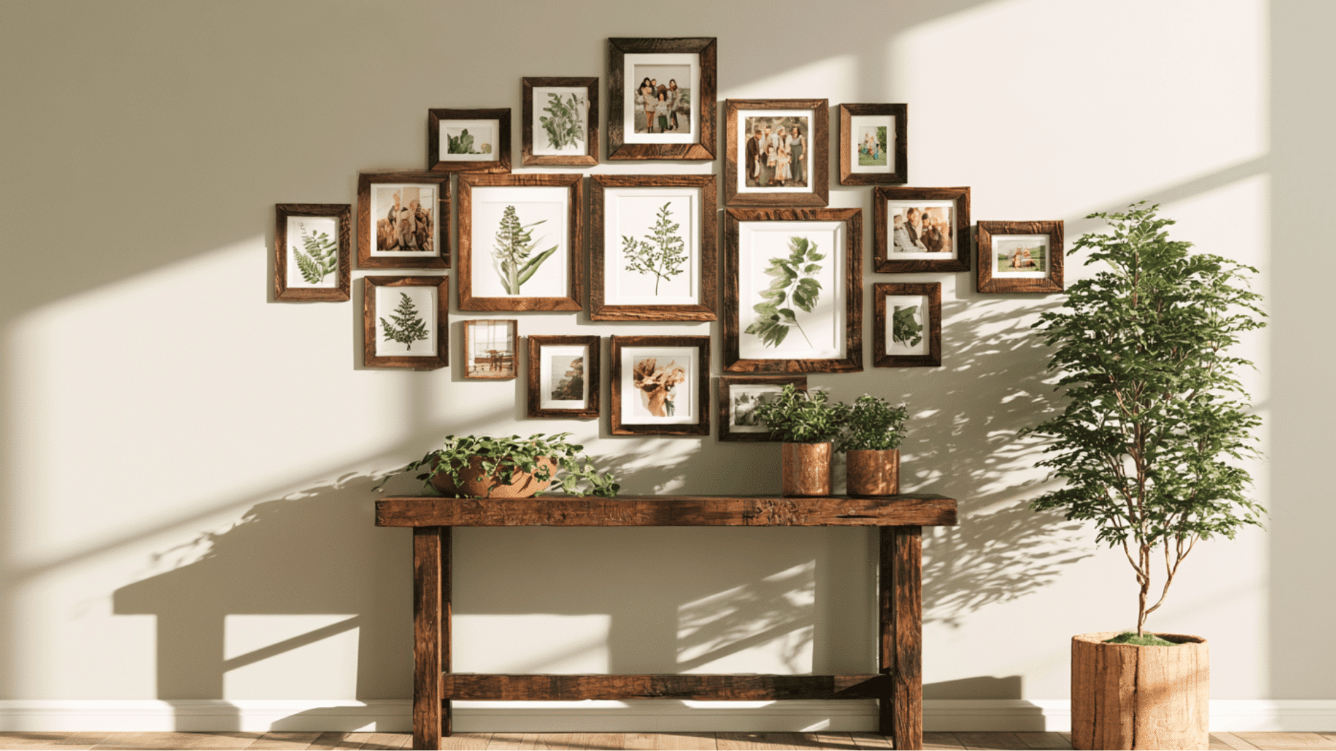 farmhouse gallery wall with family photos and vintage frames in a cozy living room setting