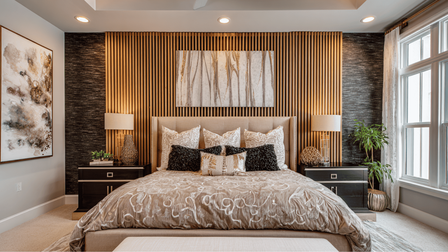luxury bedroom with decorative feature wall behind the bed and elegant design details