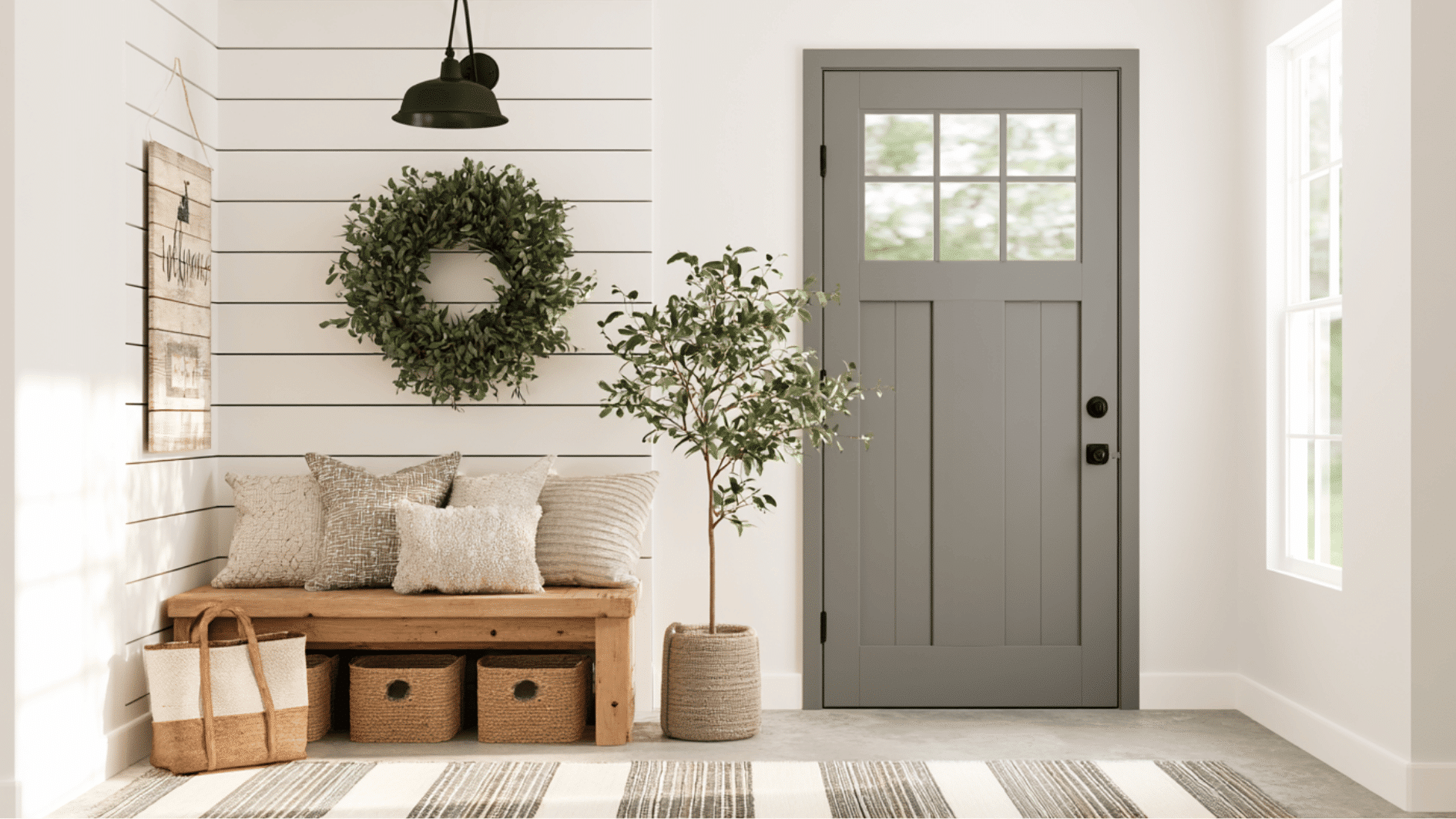 welcoming farmhouse entryway with wooden bench wall hooks and rustic console table decor