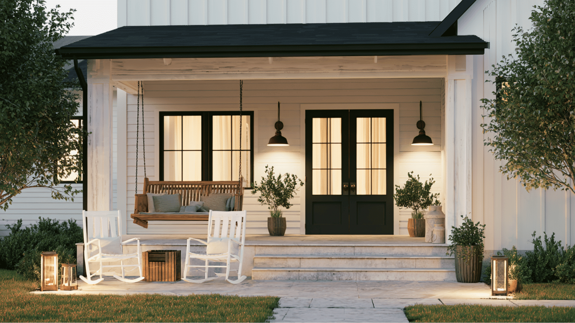 farmhouse front porch with rocking chairs, porch swing, lanterns, and cozy outdoor seating area