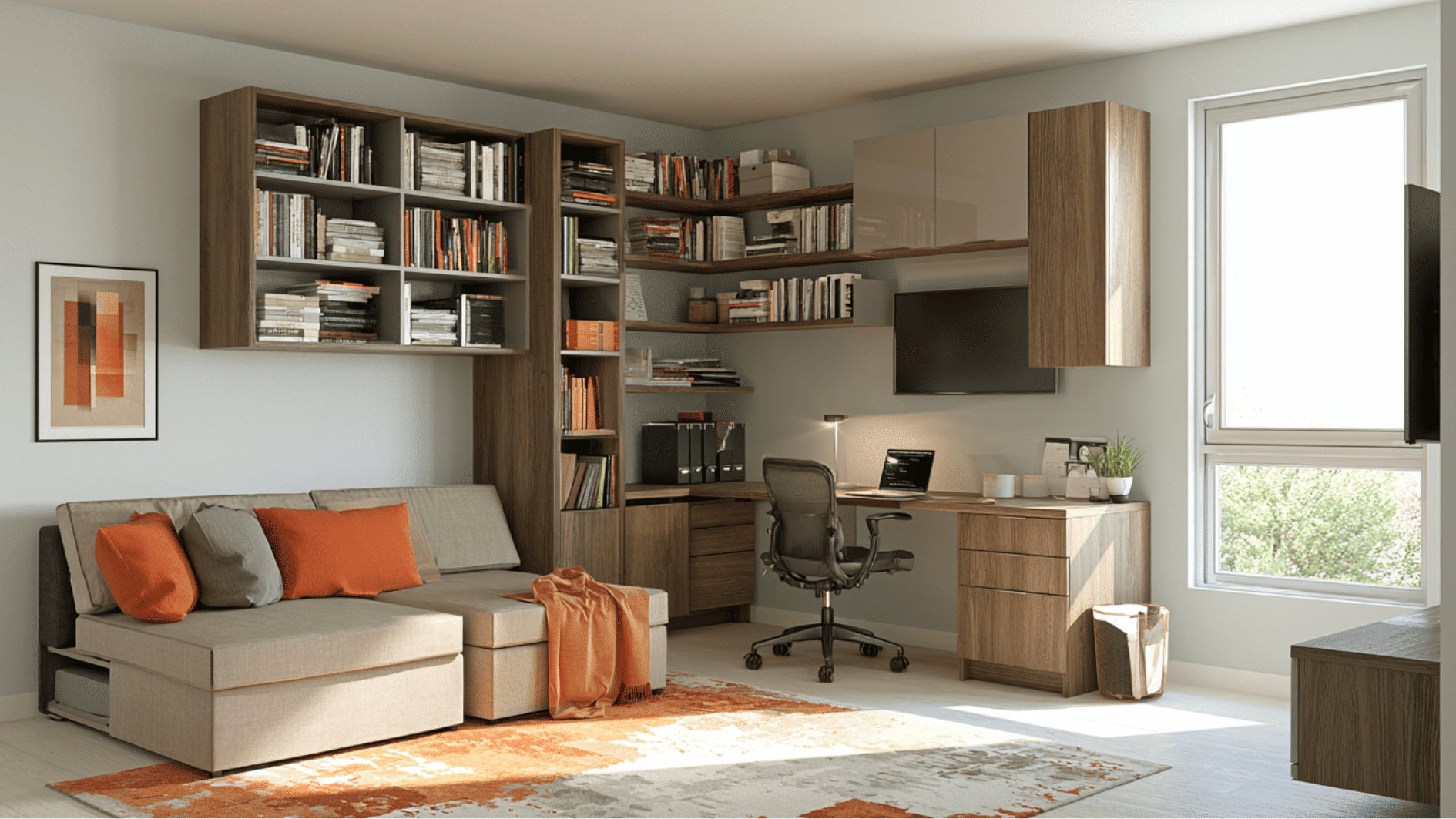 multi-purpose room combining a home office, guest space, and storage in one functional living area