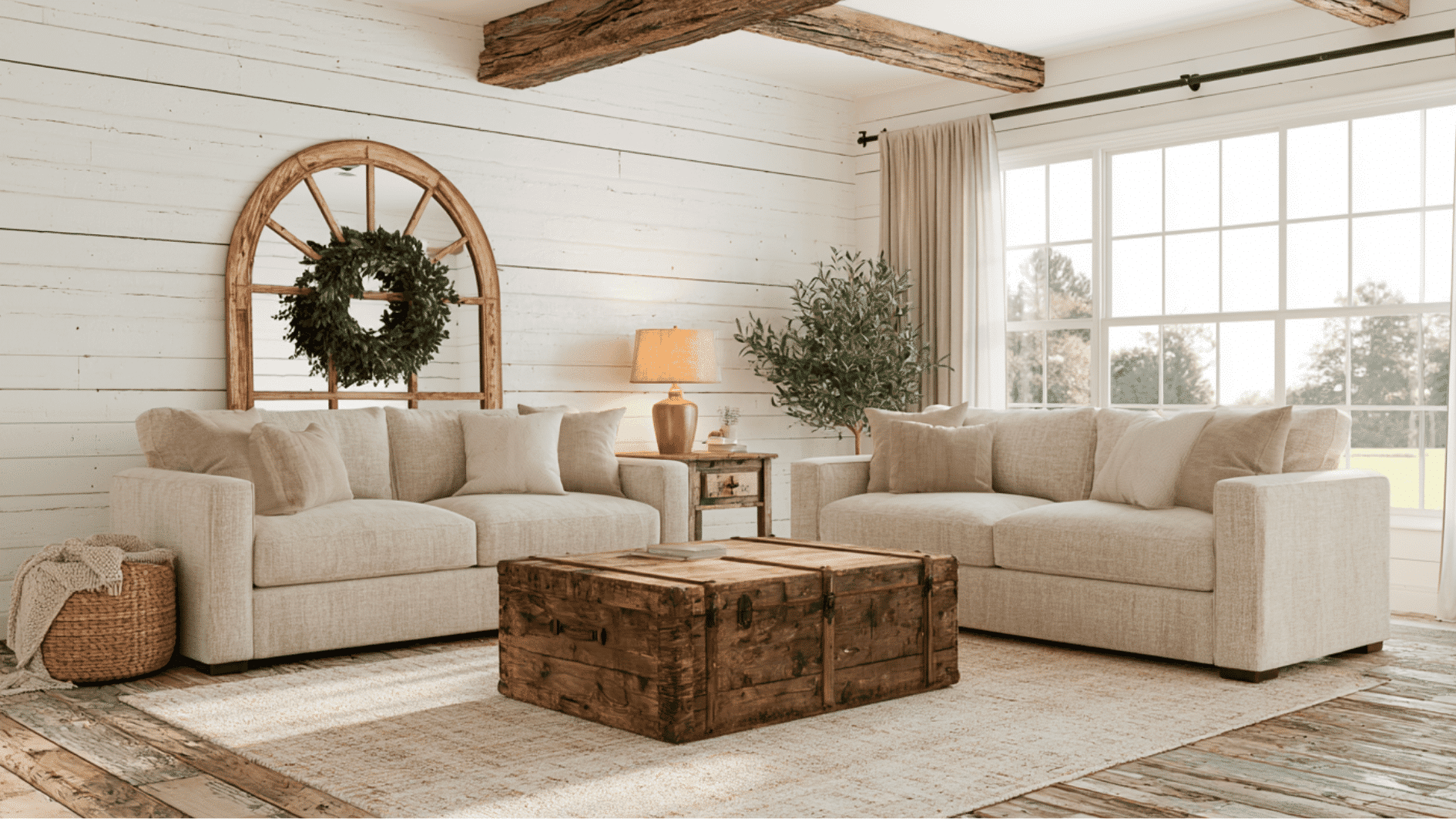 farmhouse bedroom with white shiplap walls, bright natural light, and cozy minimalist décor