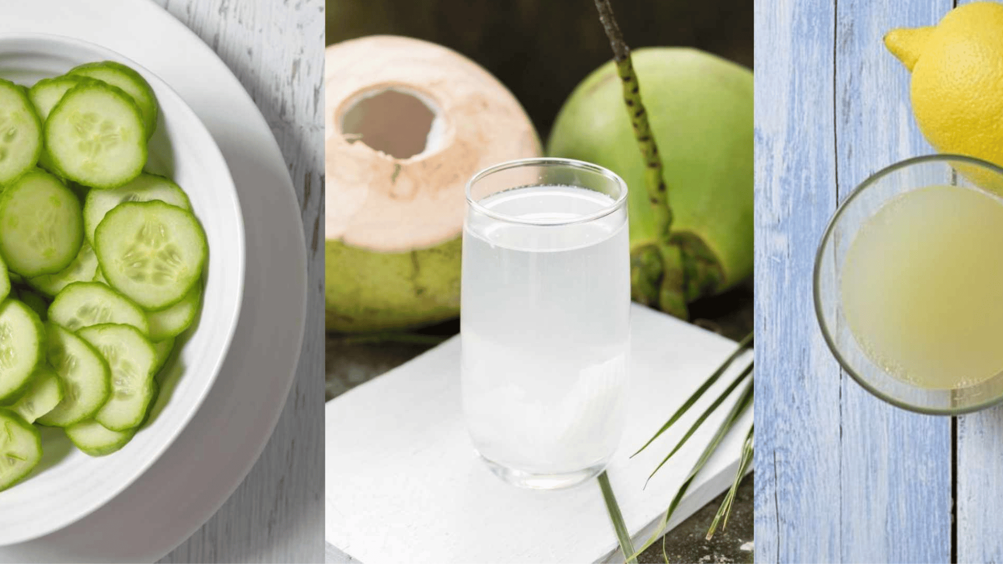 Cucumber slices, coconut water, and lemon juice for skin glow detox drink