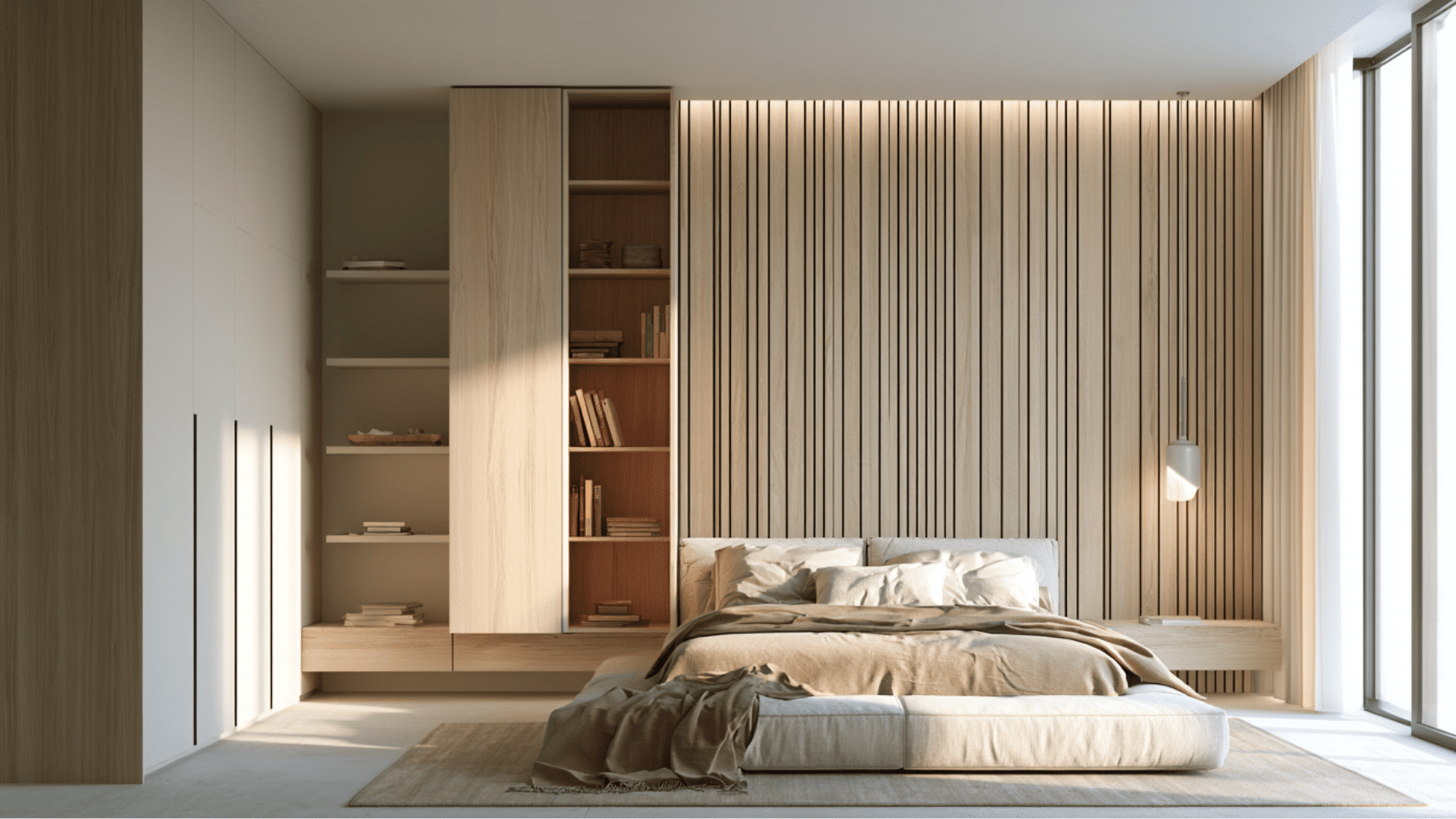 luxury bedroom with custom built-in storage, sleek wardrobes, and integrated walk-in closet design