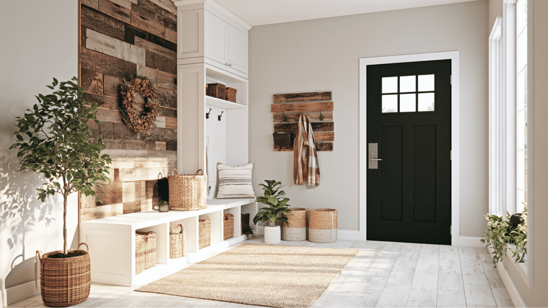 farmhouse mudroom with rustic accessories, wood accent wall, woven baskets, and decorative wreath accents