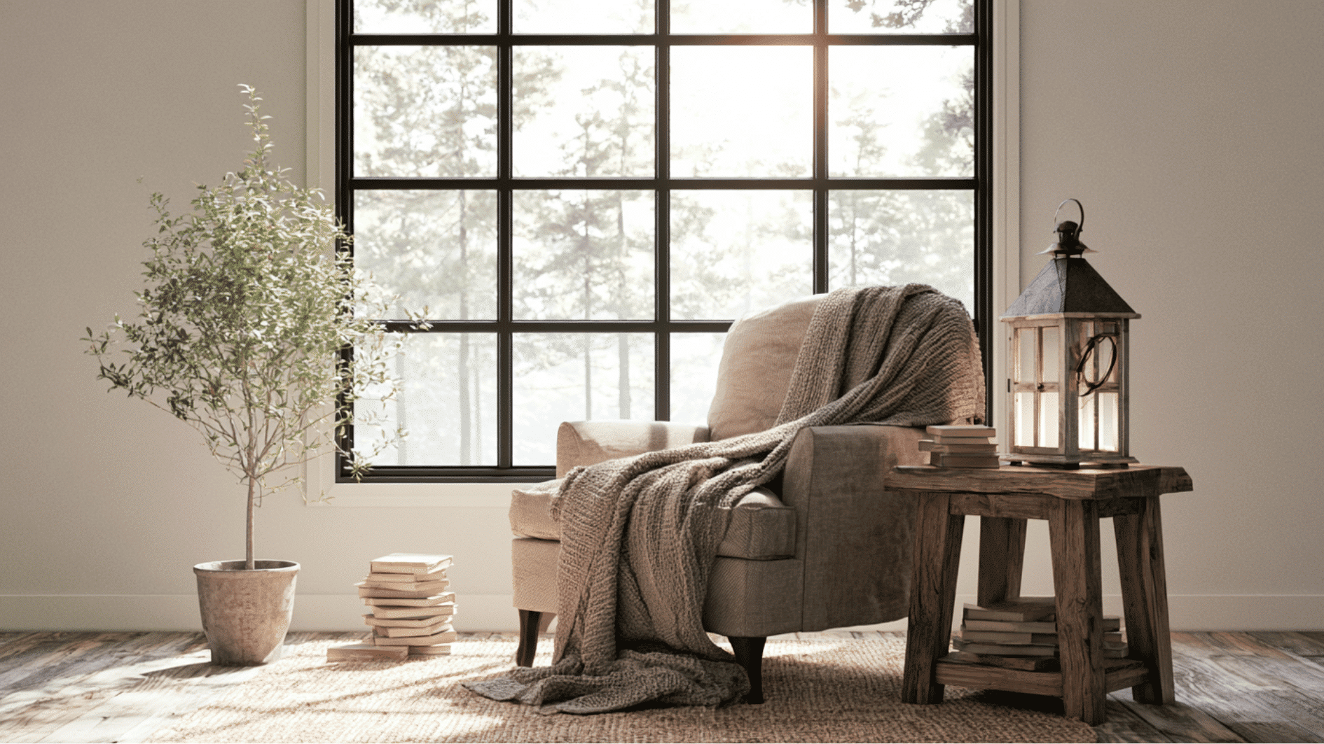 cozy farmhouse reading nook with comfortable seating soft textures and natural daylight
