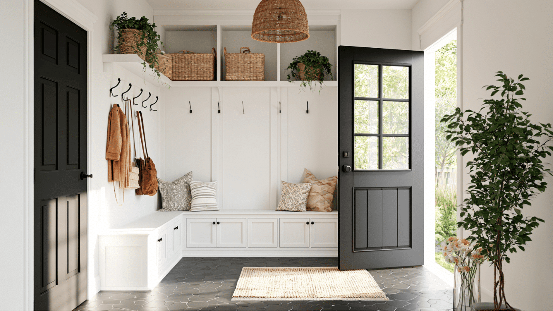 farmhouse mudroom with built-in storage, baskets, hooks, and organized entryway seating area
