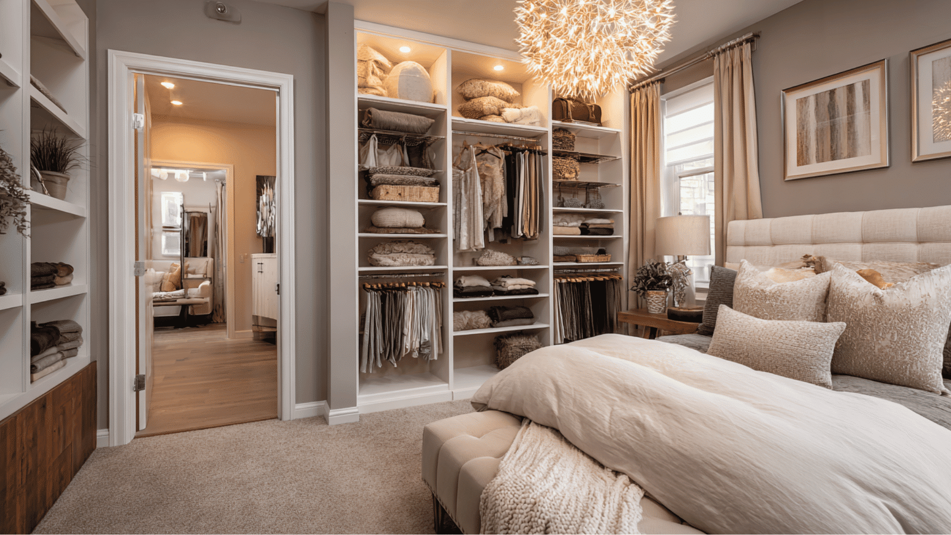 luxury bedroom with connected walk-in closet and boutique-style organization