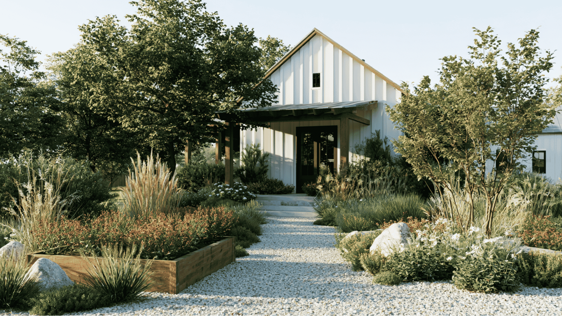 farmhouse landscaping with gravel paths, wooden planters, flowers, and ornamental grasses