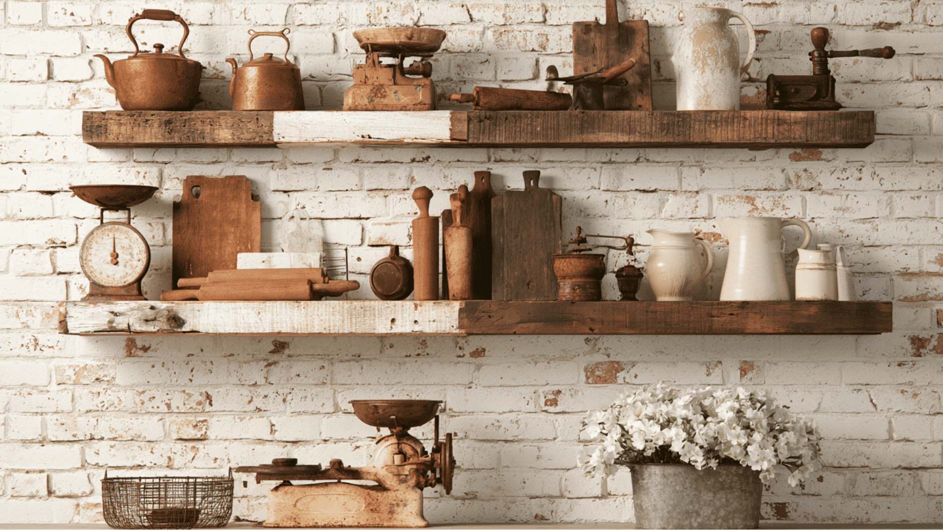 antique kitchen accessories displayed on open shelves in a rustic farmhouse kitchen interior