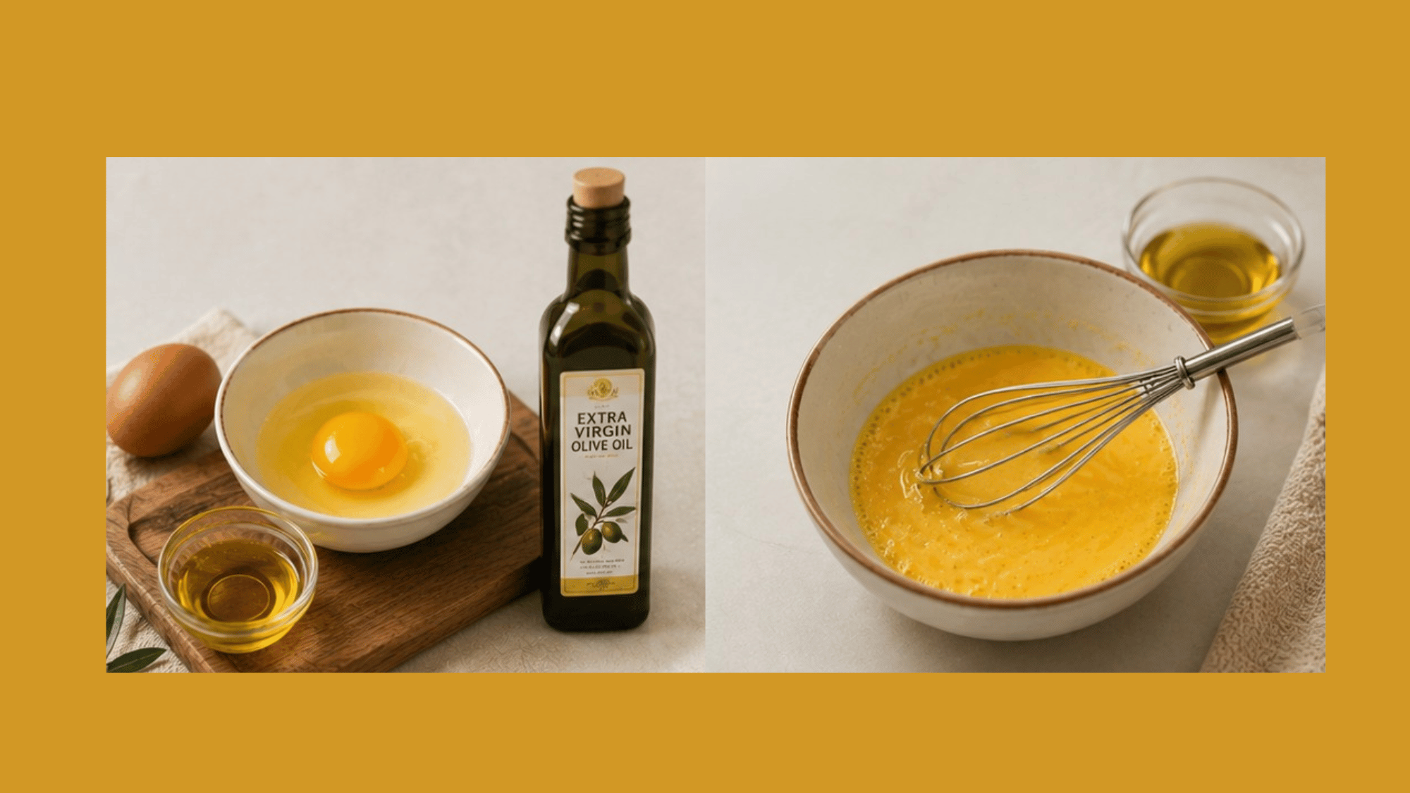 a collage of a homemade hairmask made of eggs and olive oil