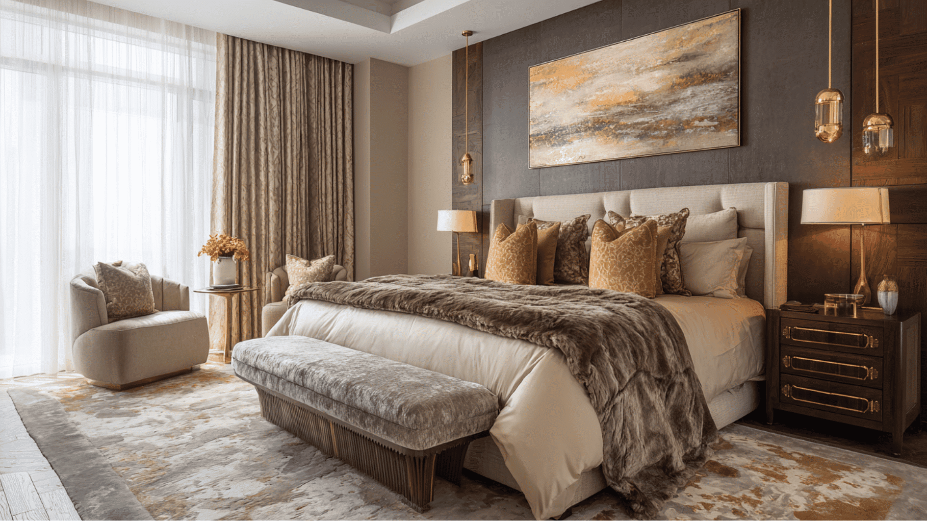 luxury bedroom featuring layered silk and wool rugs for added comfort and style